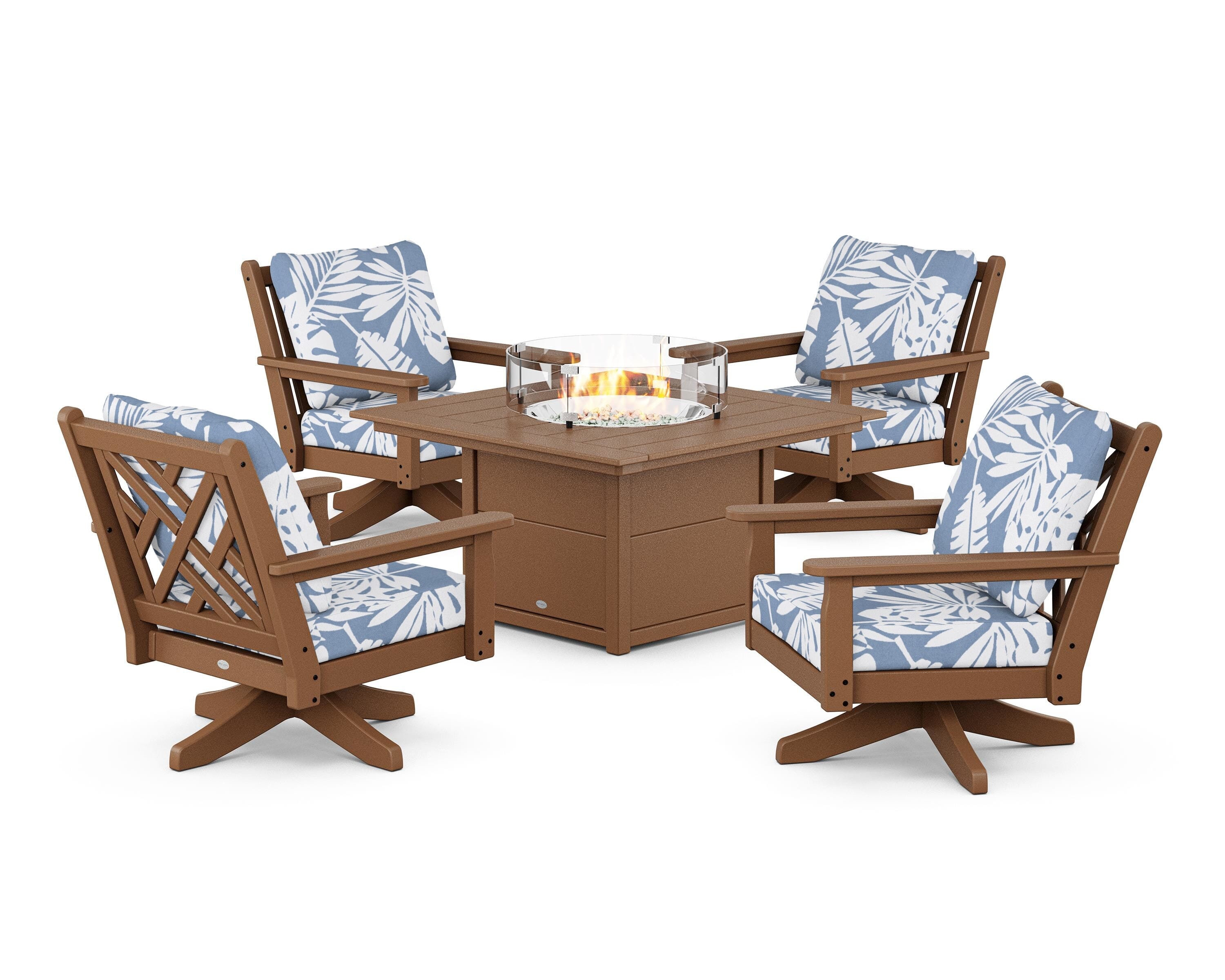 POLYWOOD Chippendale 5-Piece Deep Seating Swivel Conversation Set with Fire Pit Table in Teak / Leaf Sky Blue