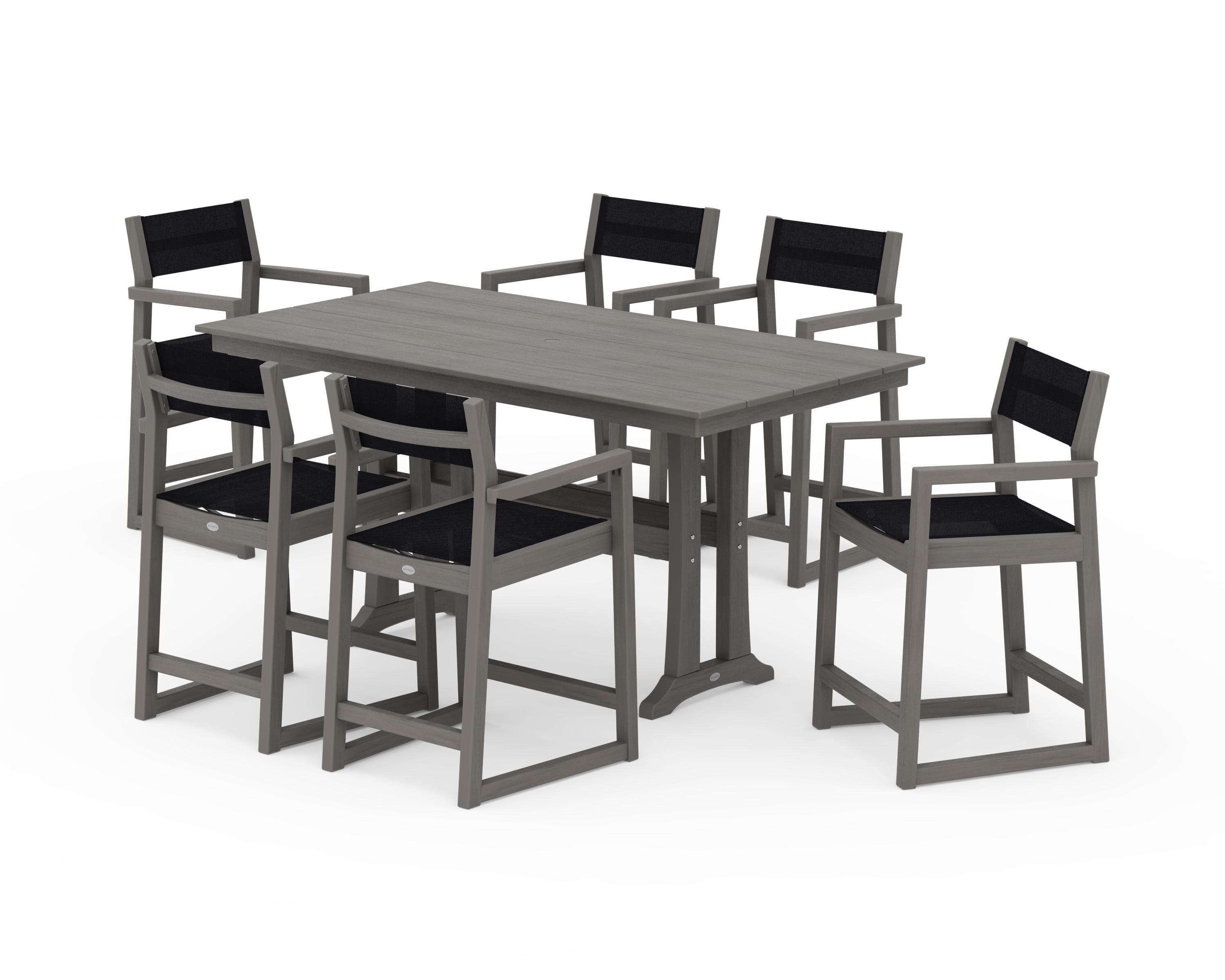 POLYWOOD EDGE Sling Arm Chair 7-Piece Farmhouse Counter Set with Trestle Legs in Driftwood / Black Sling