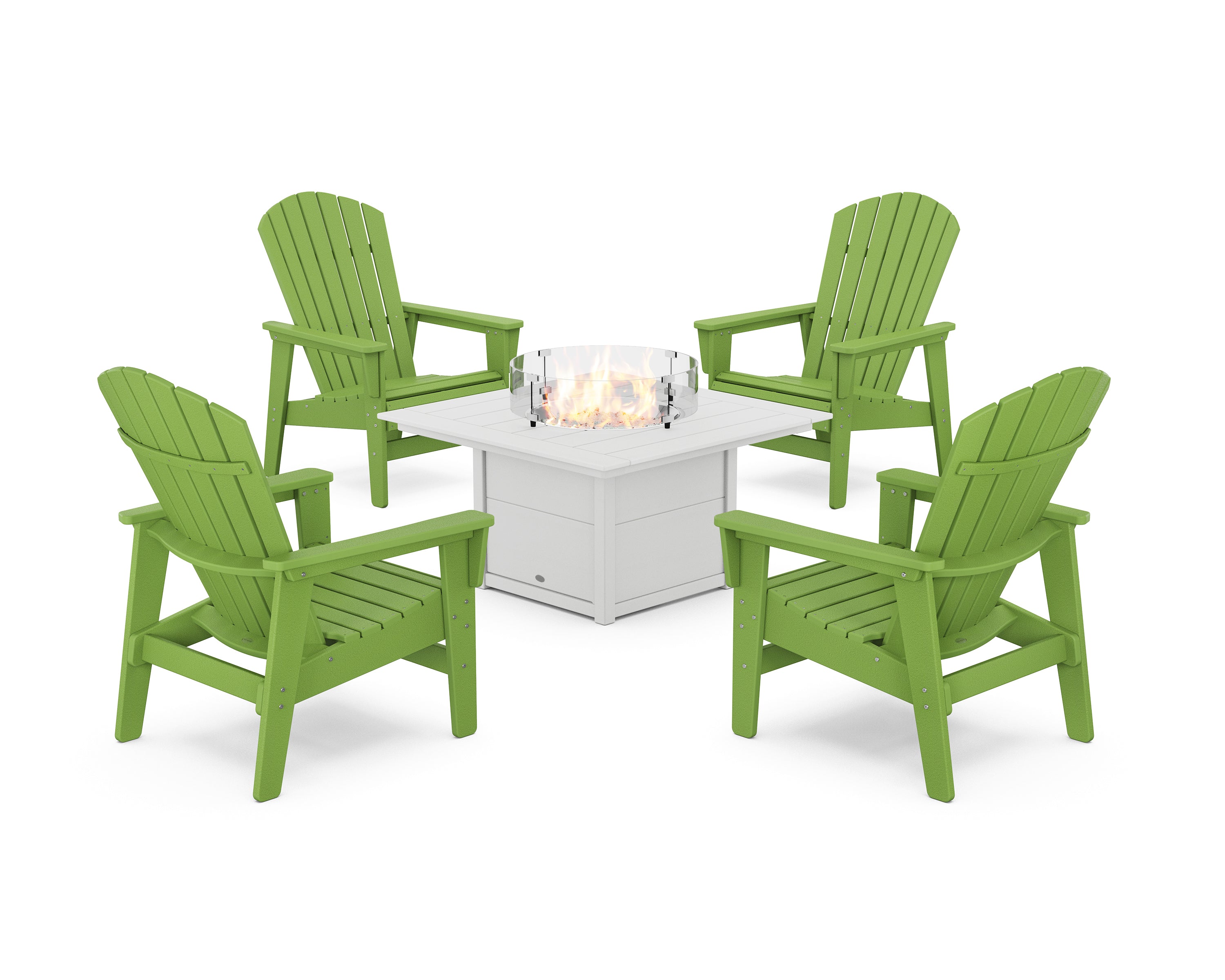 POLYWOOD 5-Piece Nautical Grand Upright Adirondack Conversation Set with Fire Pit Table in Lime / White