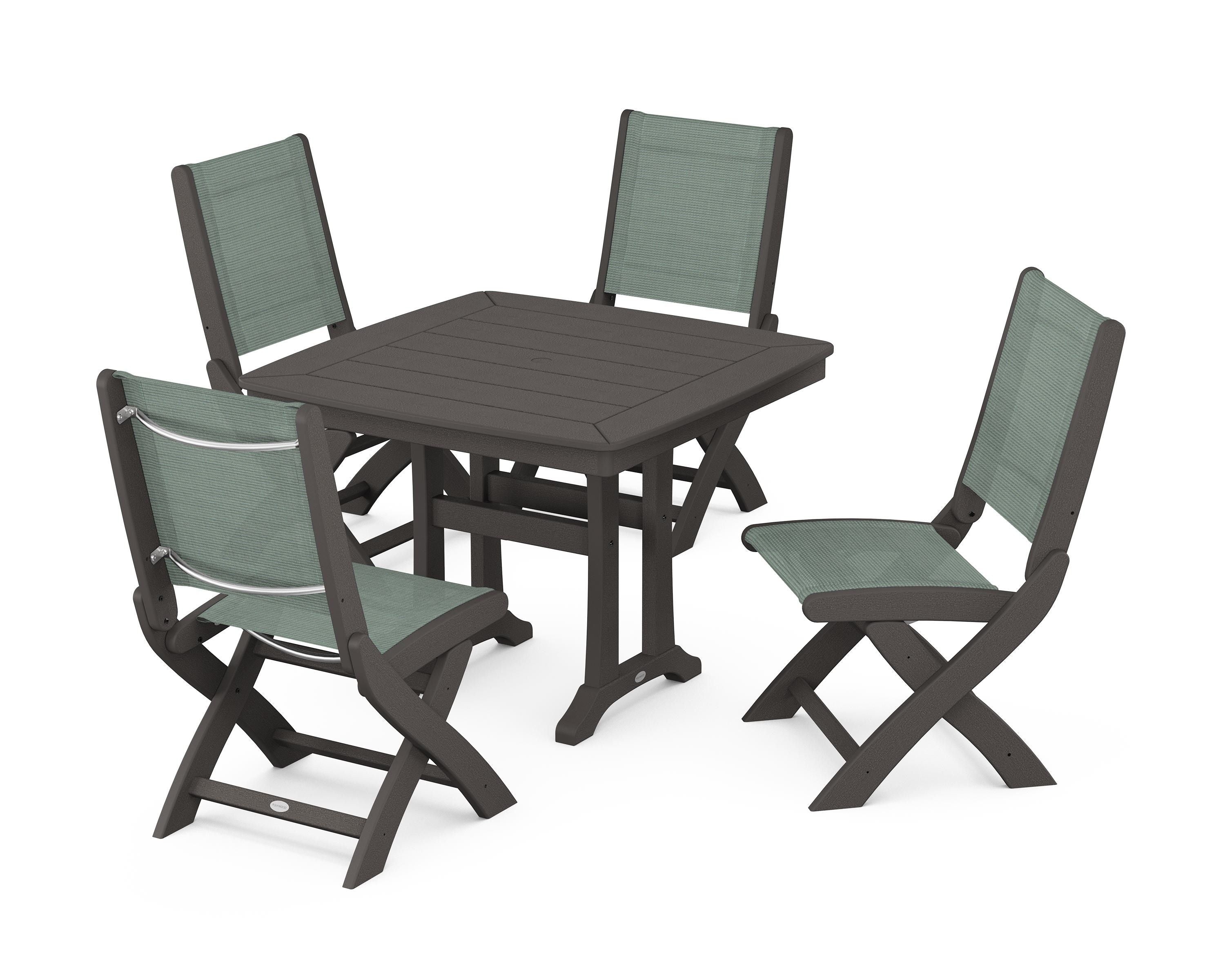 POLYWOOD Coastal Folding Side Chair 5-Piece Dining Set with Trestle Legs in Vintage Coffee / Dupioni Sea Mist Sling