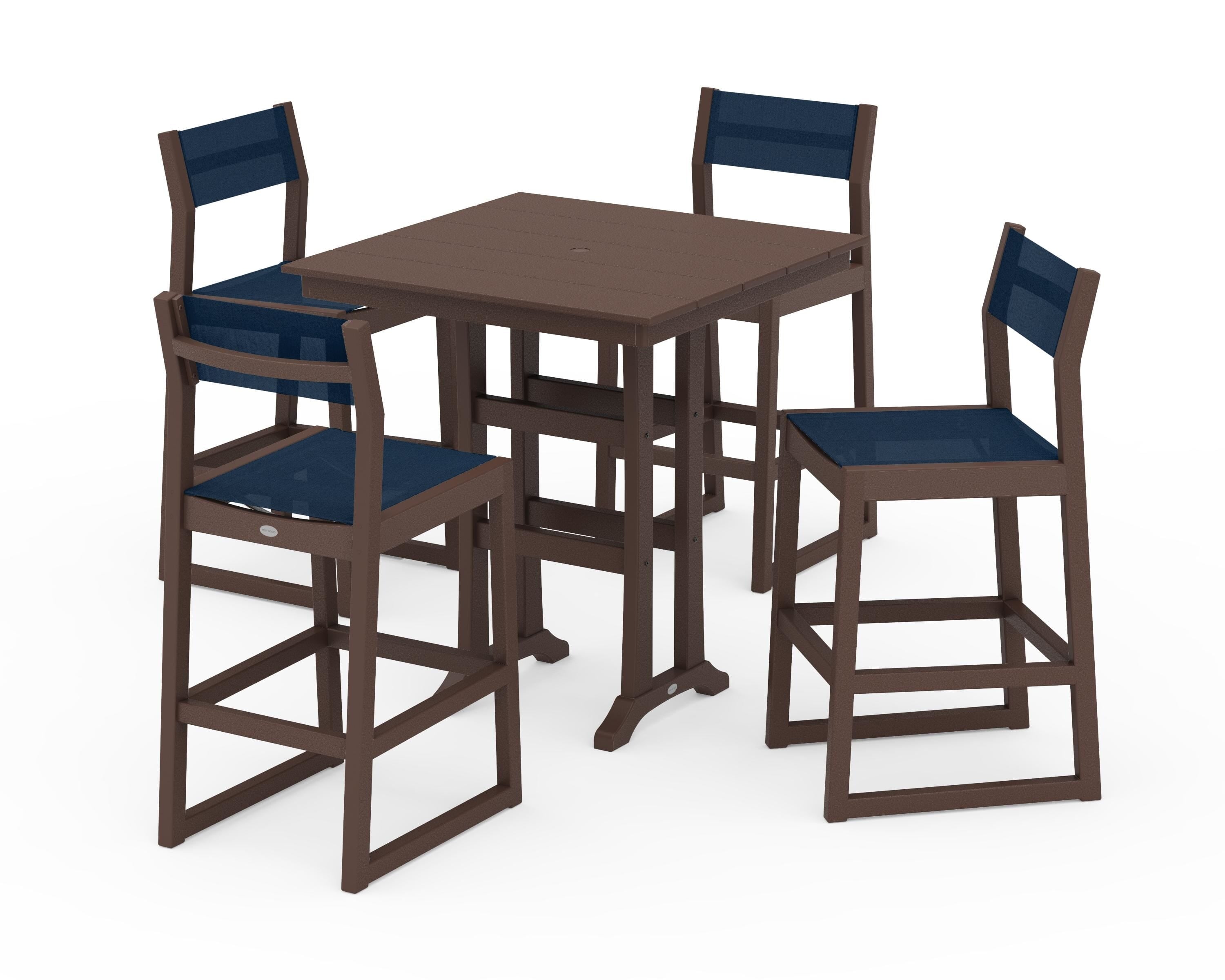 POLYWOOD EDGE Sling Arm Chair 5-Piece Farmhouse Bar Set with Trestle Legs in Mahogany / Navy Blue Sling