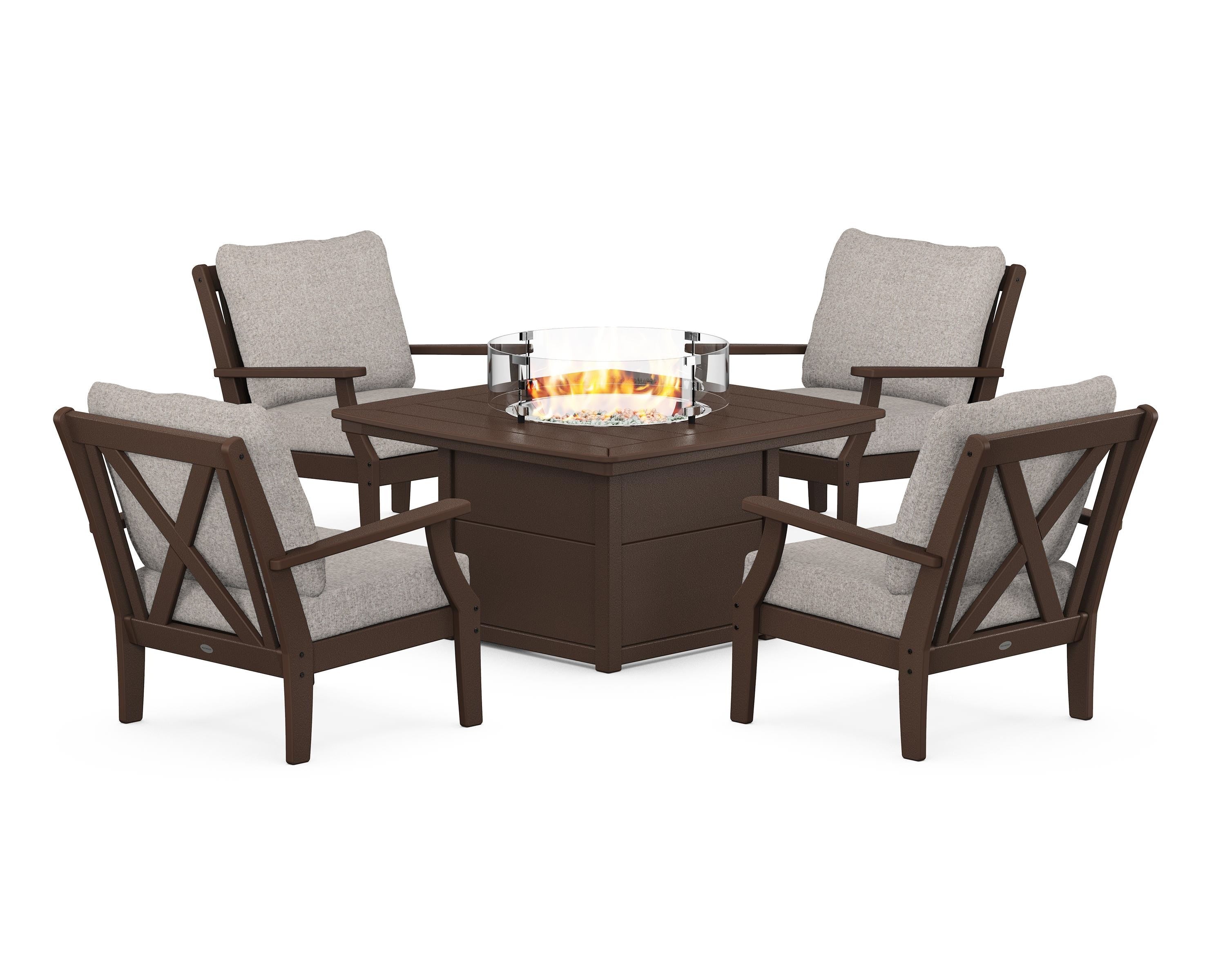 POLYWOOD Braxton 5-Piece Deep Seating Conversation Set with Fire Pit Table in Mahogany / Weathered Tweed