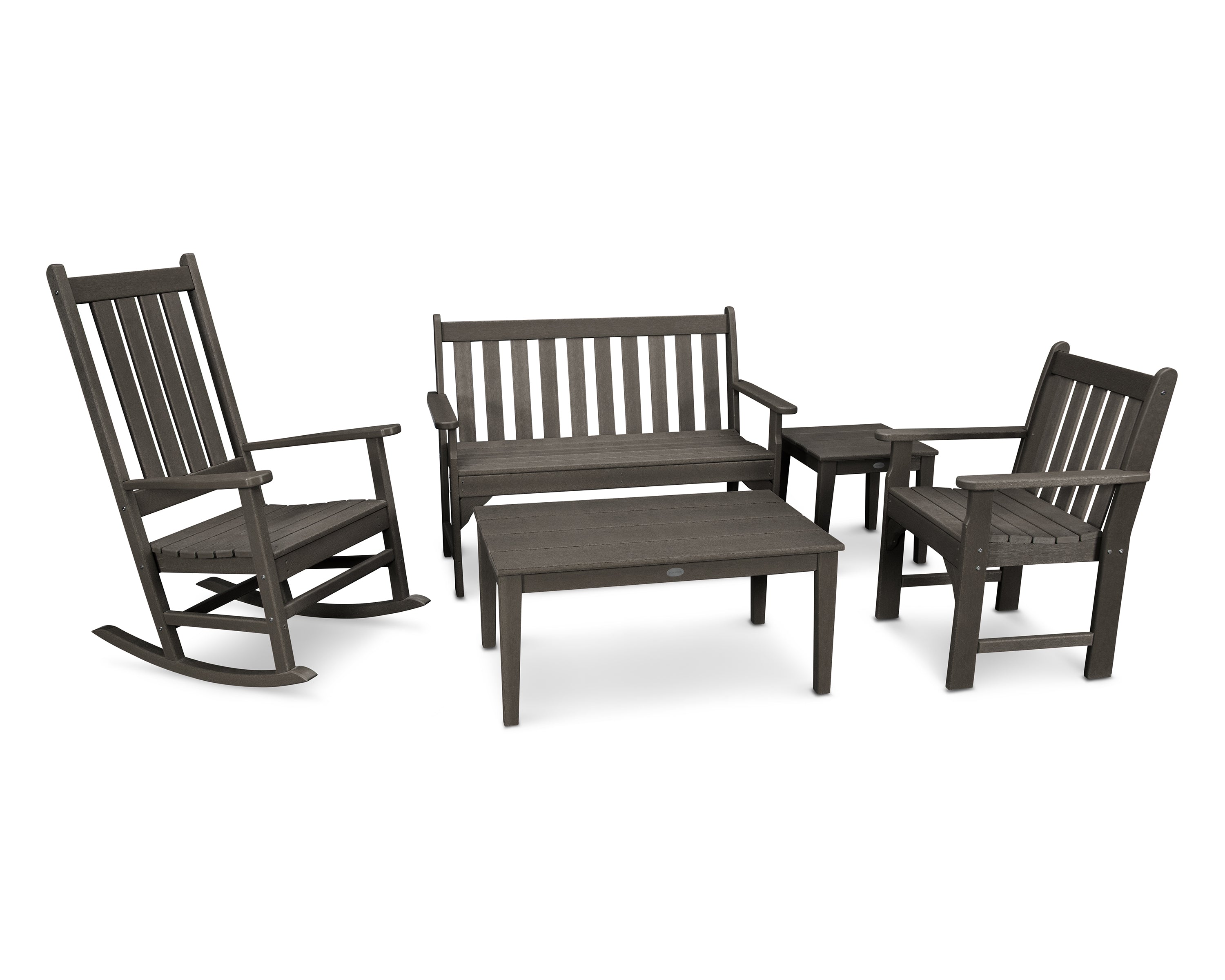 POLYWOOD Vineyard 5-Piece Bench & Rocking Chair Set in Vintage Coffee