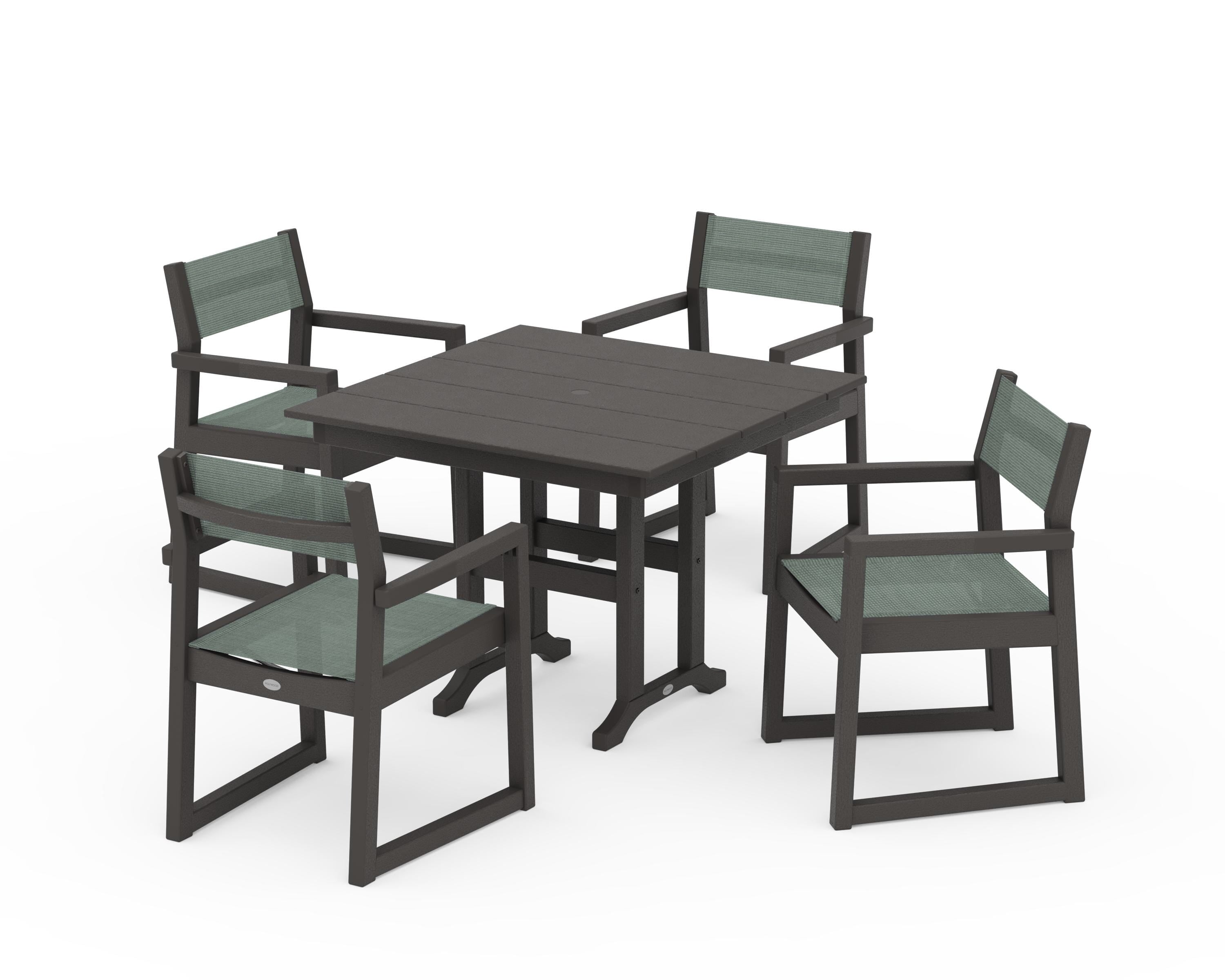 POLYWOOD EDGE Sling Arm Chair 5-Piece Farmhouse Dining Set in Vintage Coffee / Dupioni Sea Mist Sling