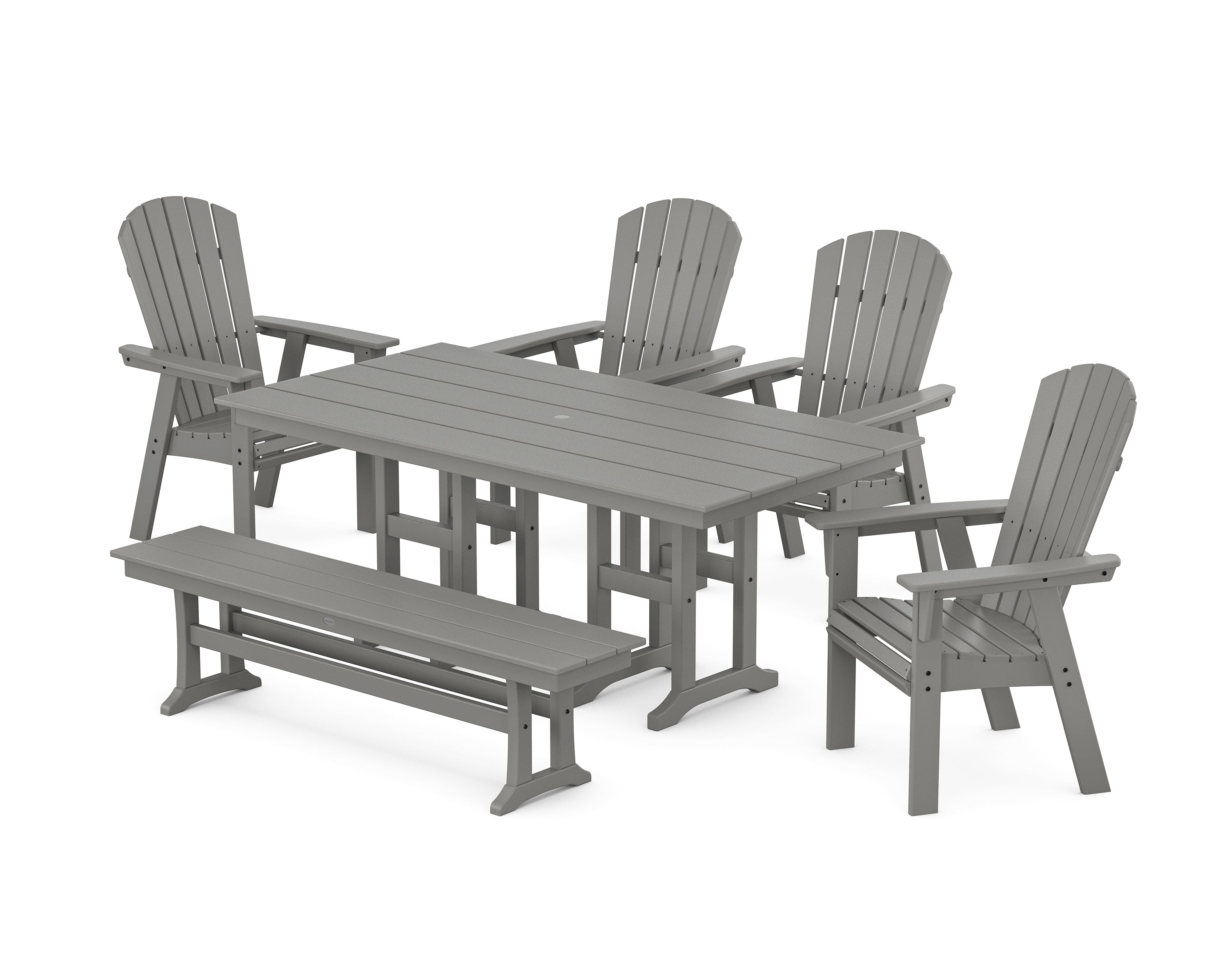 POLYWOOD Nautical Curveback Adirondack 6-Piece Farmhouse Dining Set with Bench in Slate Grey