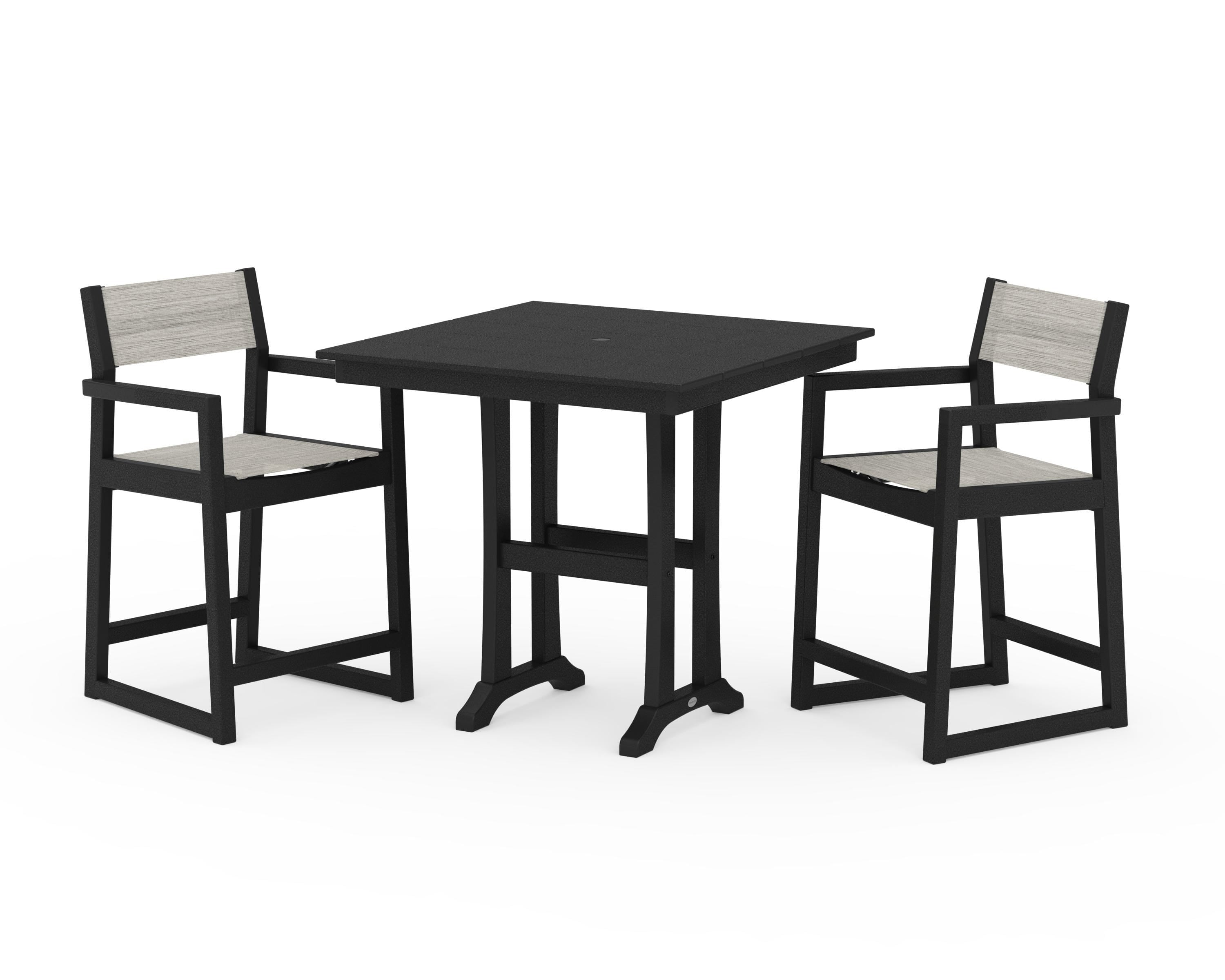 POLYWOOD EDGE Sling Arm Chair 3-Piece Farmhouse Counter Set with Trestle Legs in Black / Birch Sling