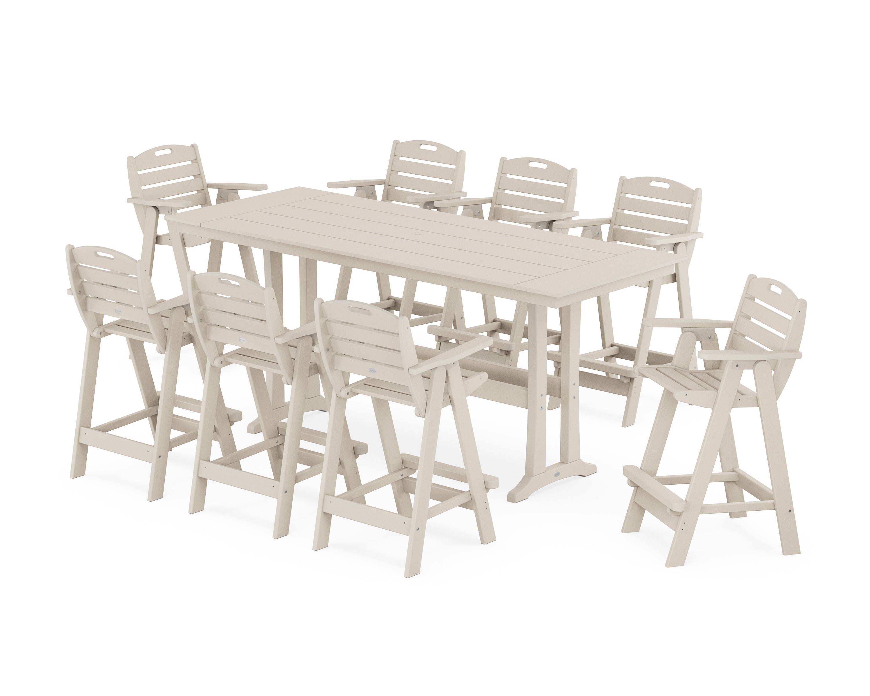 POLYWOOD Nautical 9-Piece Farmhouse Bar Set with Trestle Legs in Sand