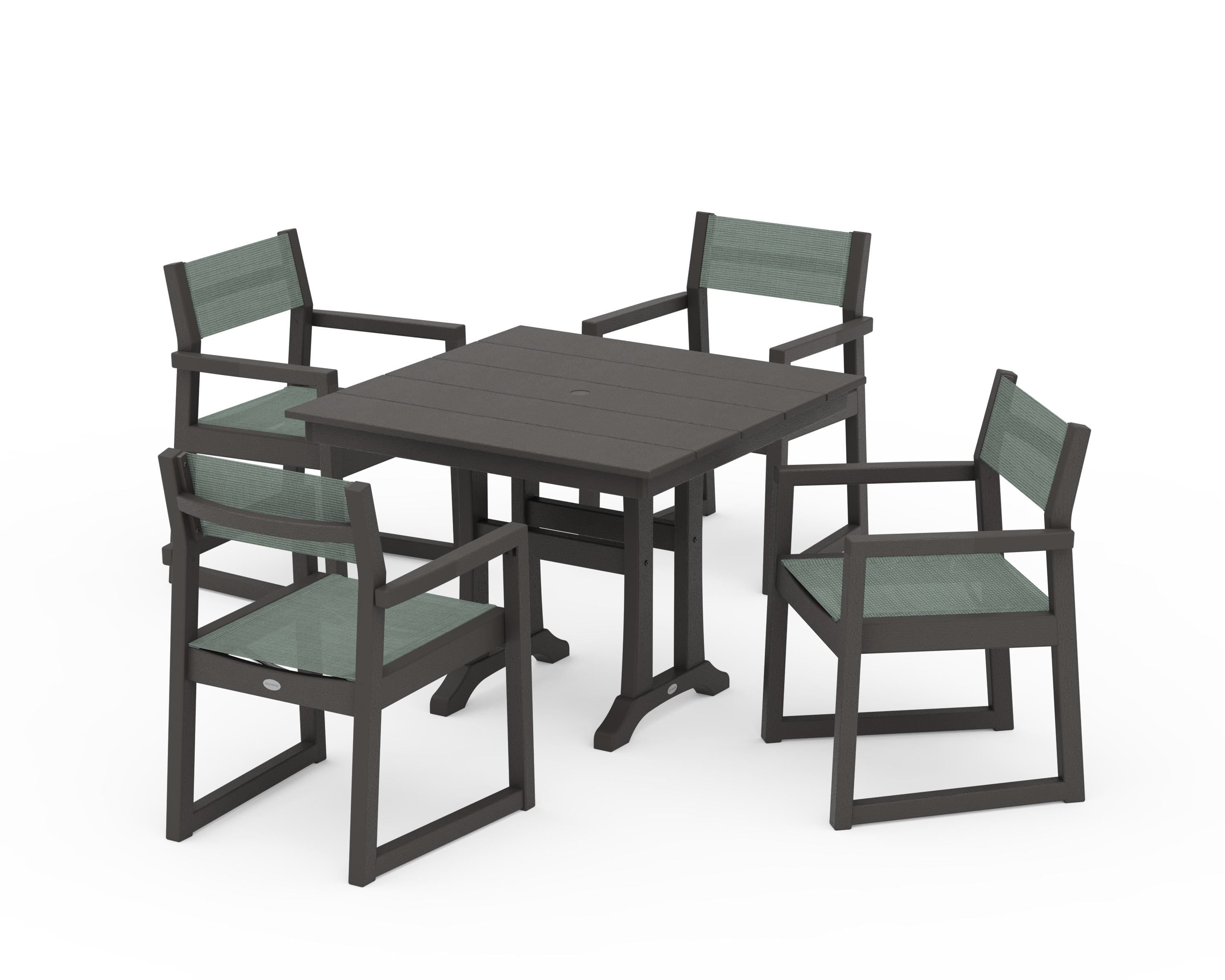 POLYWOOD EDGE Sling 5-Piece Farmhouse Dining Set with Trestle Legs in Vintage Coffee / Dupioni Sea Mist Sling