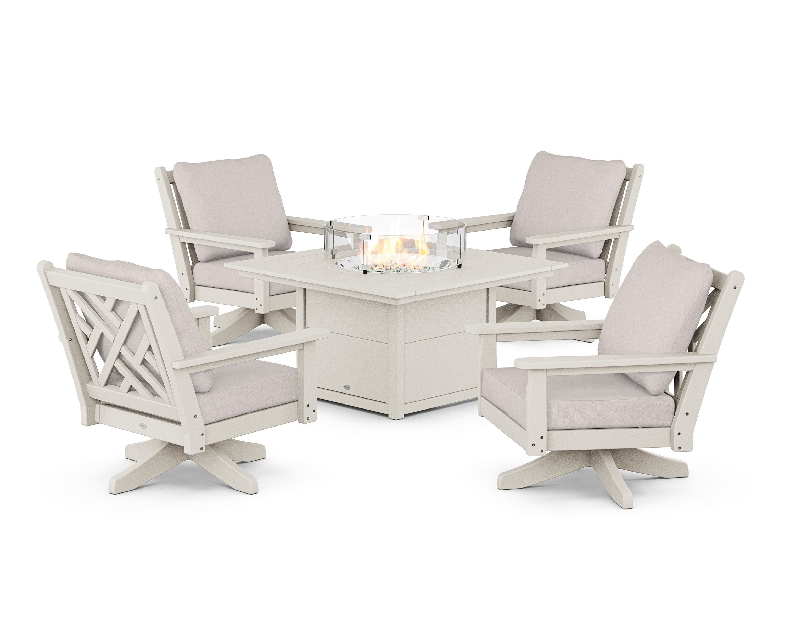 POLYWOOD Chippendale 5-Piece Deep Seating Swivel Conversation Set with Fire Pit Table in Sand / Dune Burlap