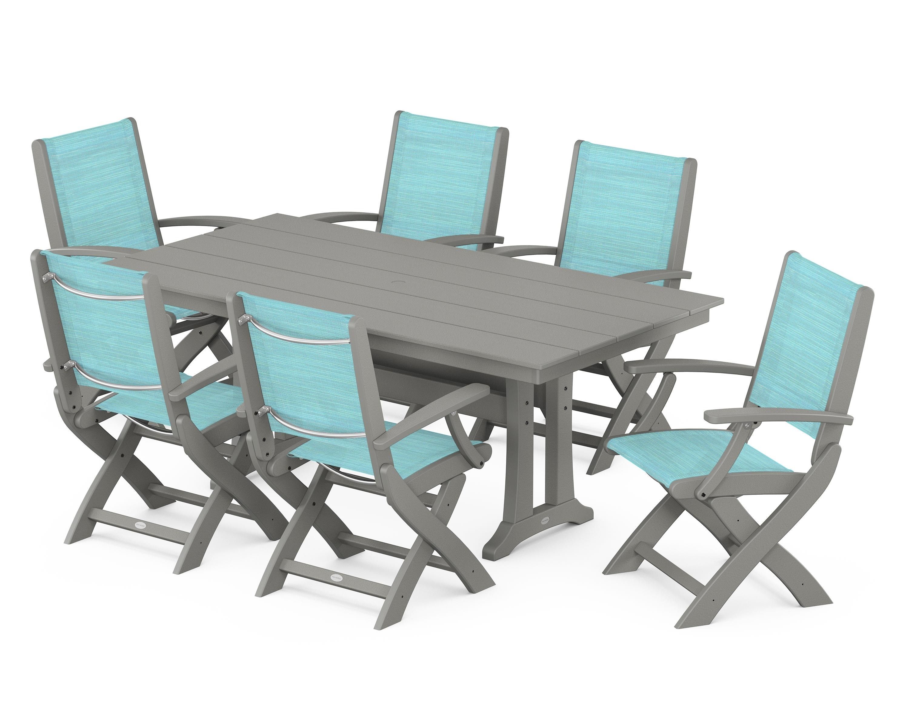 POLYWOOD Coastal Folding Arm Chair 7-Piece Farmhouse Dining Set with Trestle Legs in Slate Grey / Dupioni Aquamarine Sling