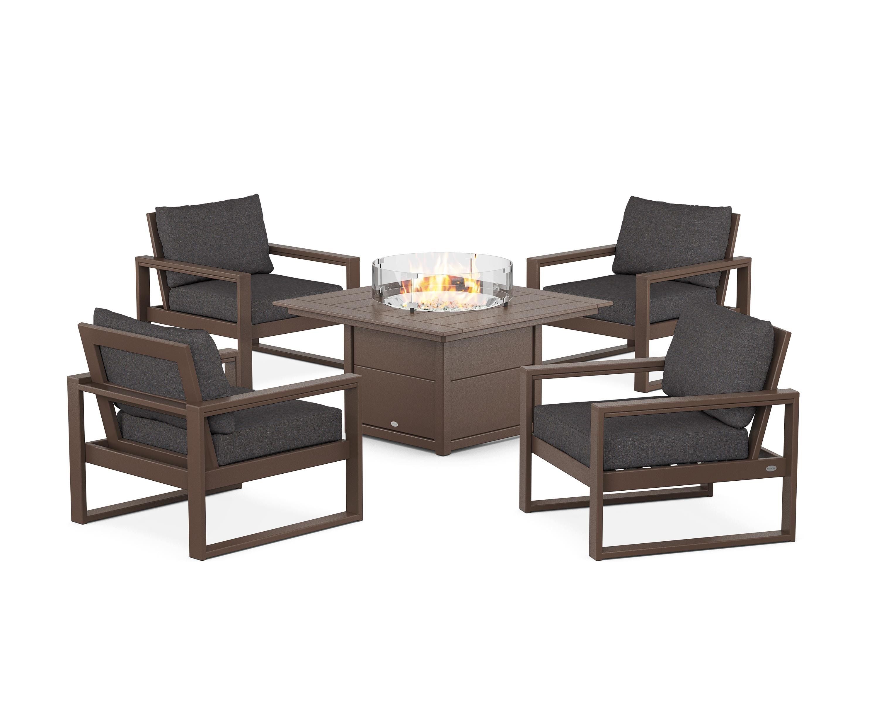 POLYWOOD EDGE Sectional 5-Piece Deep Seating Set with Fire Pit Table in Mahogany / Ash Charcoal