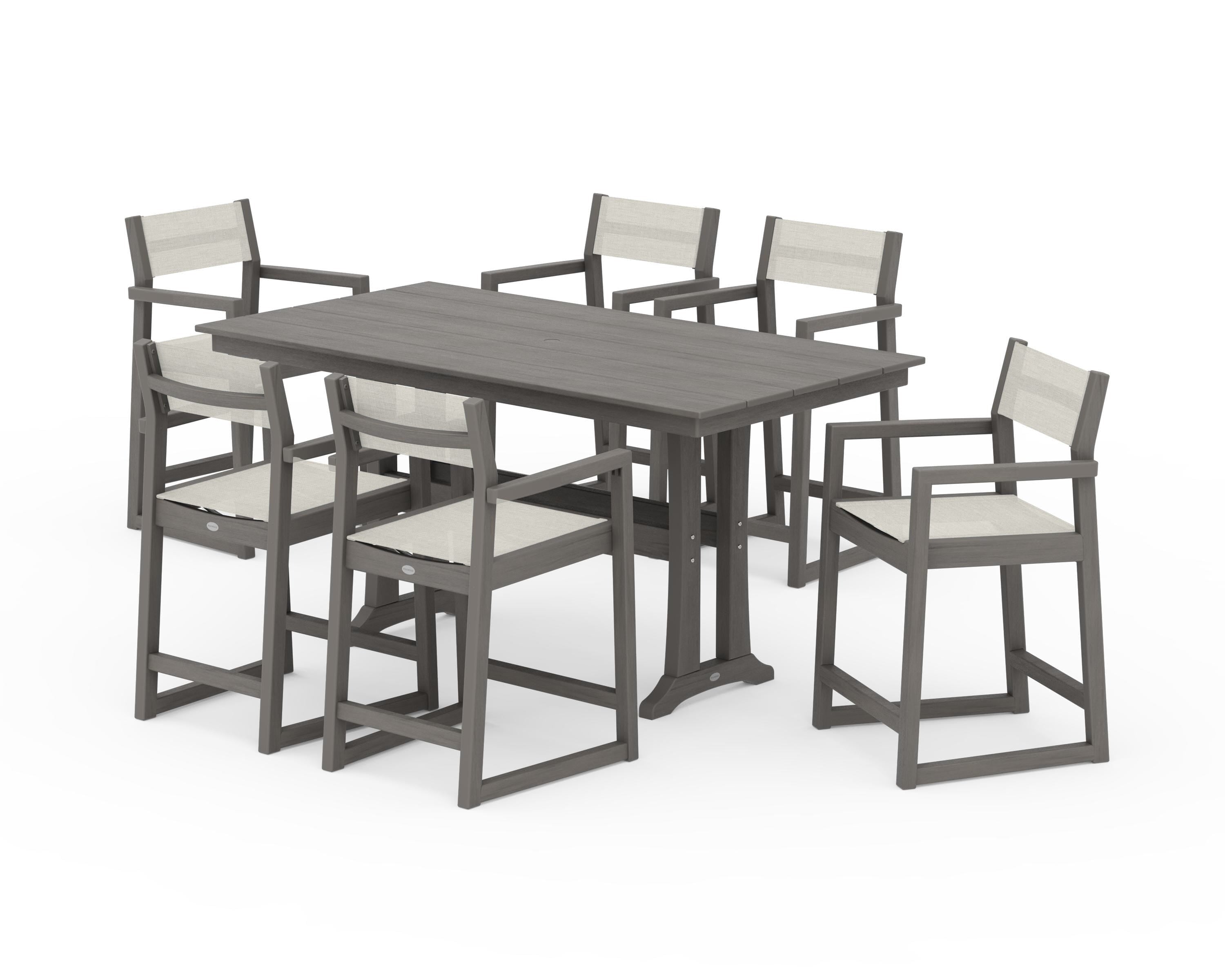 POLYWOOD EDGE Sling Arm Chair 7-Piece Farmhouse Counter Set with Trestle Legs in Driftwood / Parchment Sling
