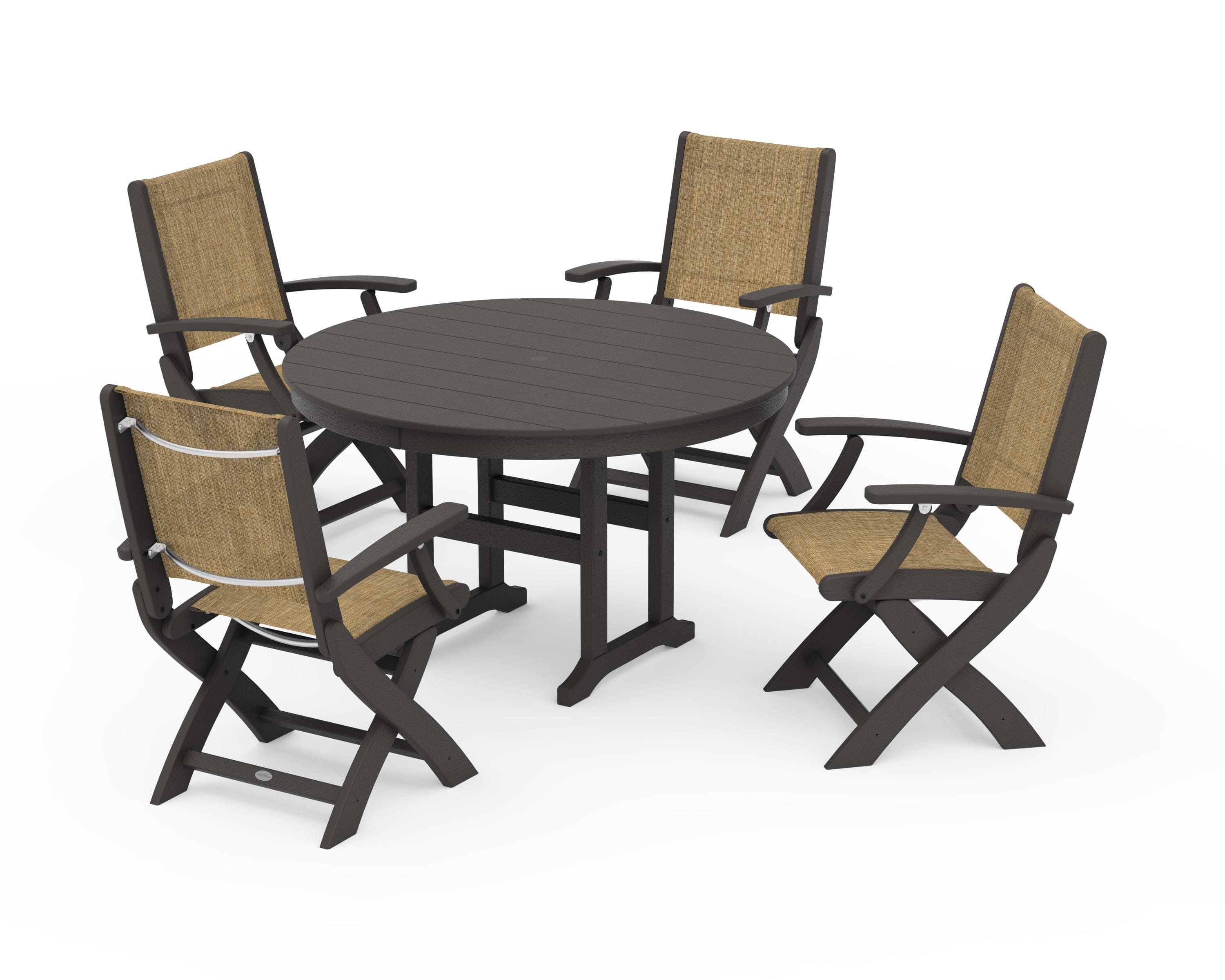 POLYWOOD Coastal Folding Chair 5-Piece Round Dining Set in Vintage Coffee / Burlap Sling