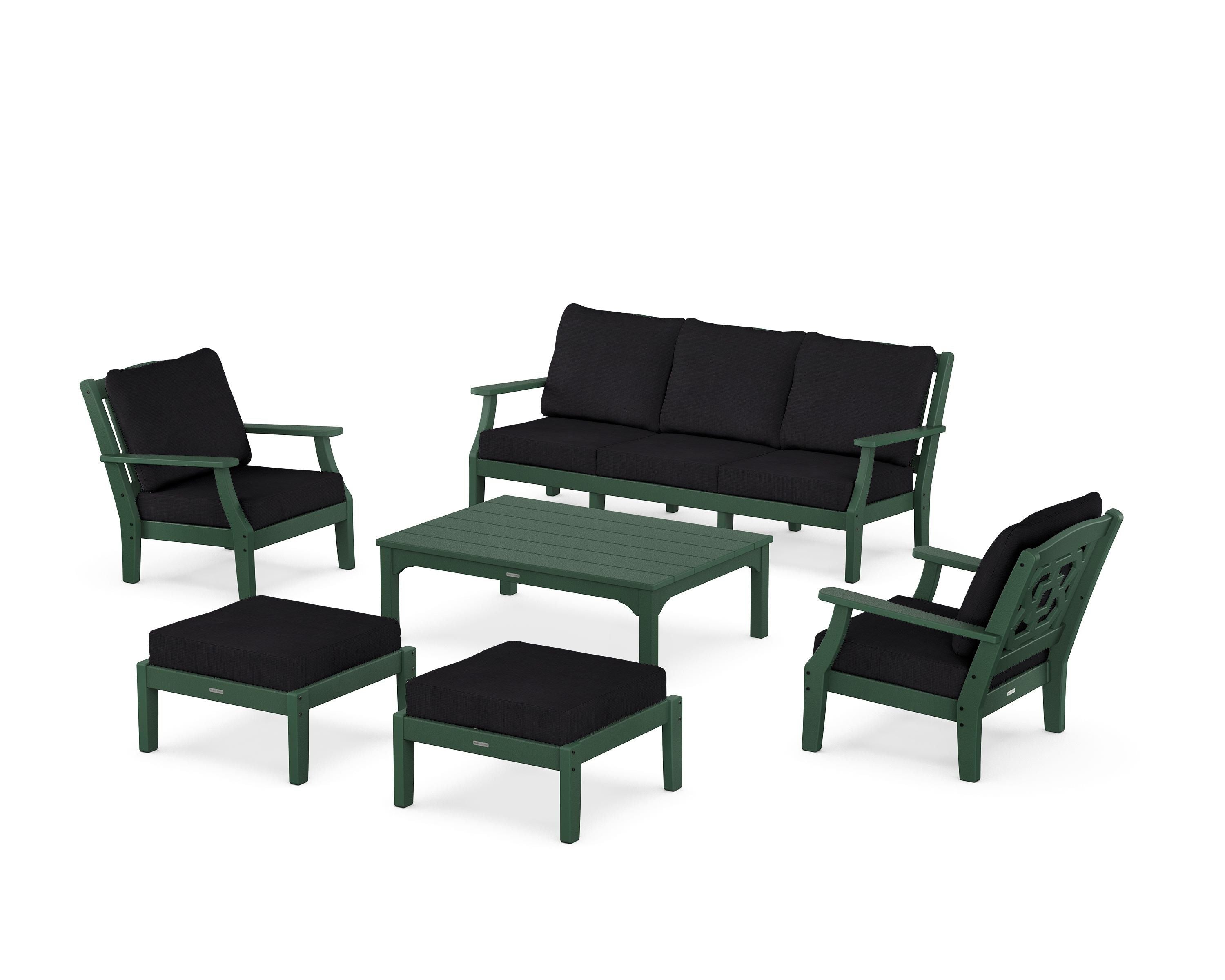 Martha Stewart by POLYWOOD Chinoiserie 6-Piece Lounge Sofa Set in Green / Midnight Linen