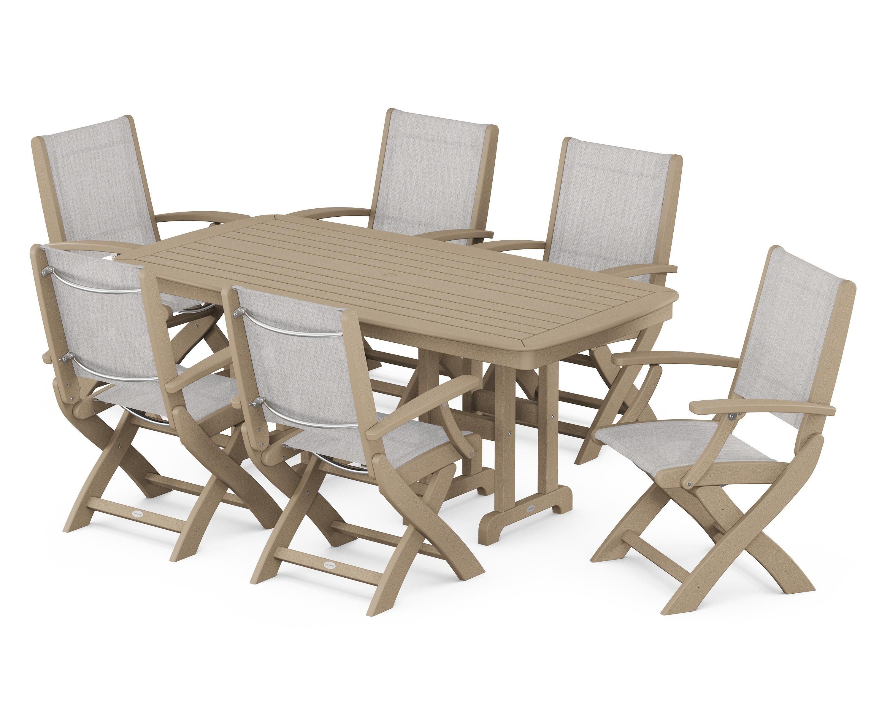 POLYWOOD Coastal Folding Arm Chair 7-Piece Dining Set in Vintage Sahara / Parchment Sling