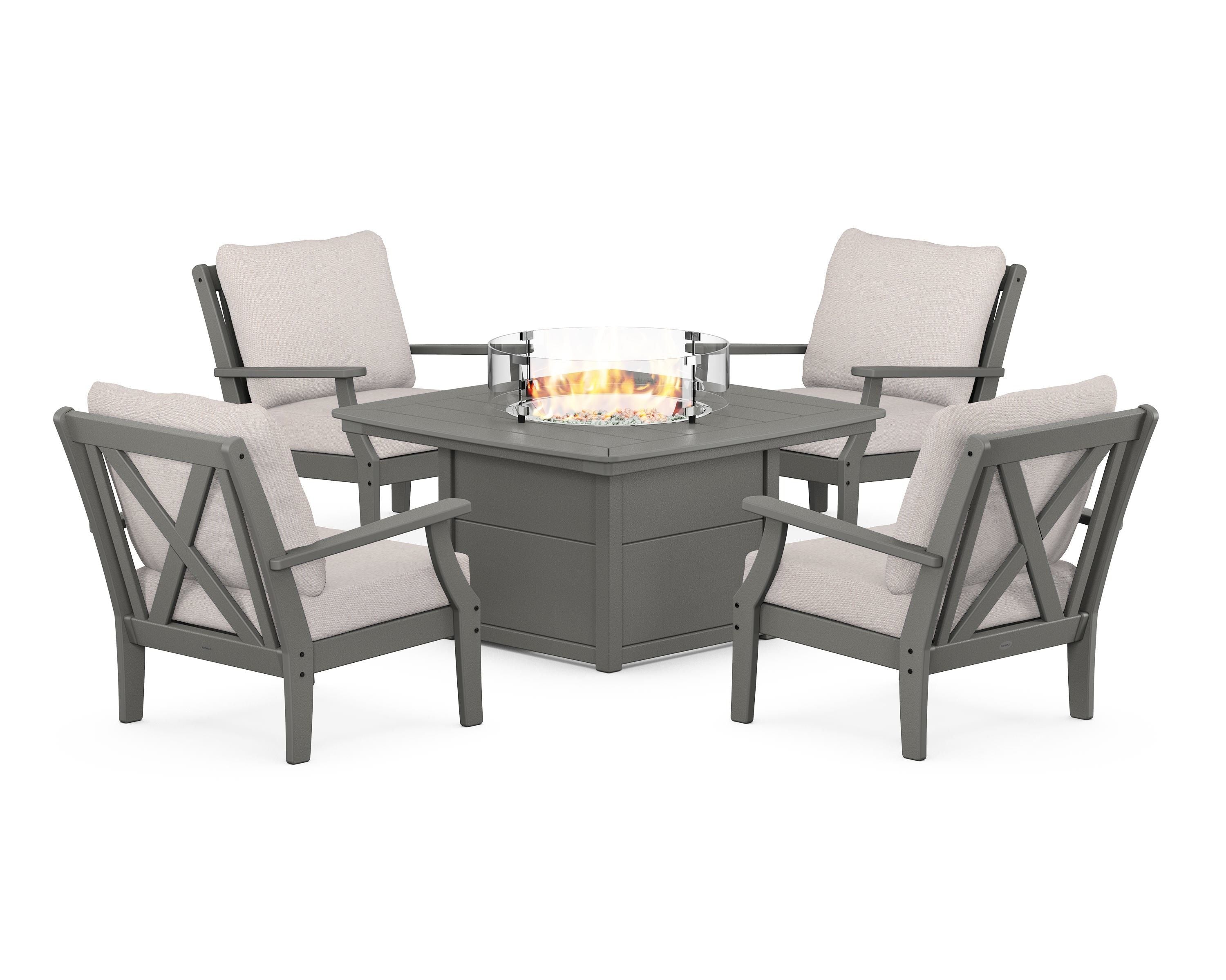 POLYWOOD Braxton 5-Piece Deep Seating Conversation Set with Fire Pit Table in Slate Grey / Dune Burlap