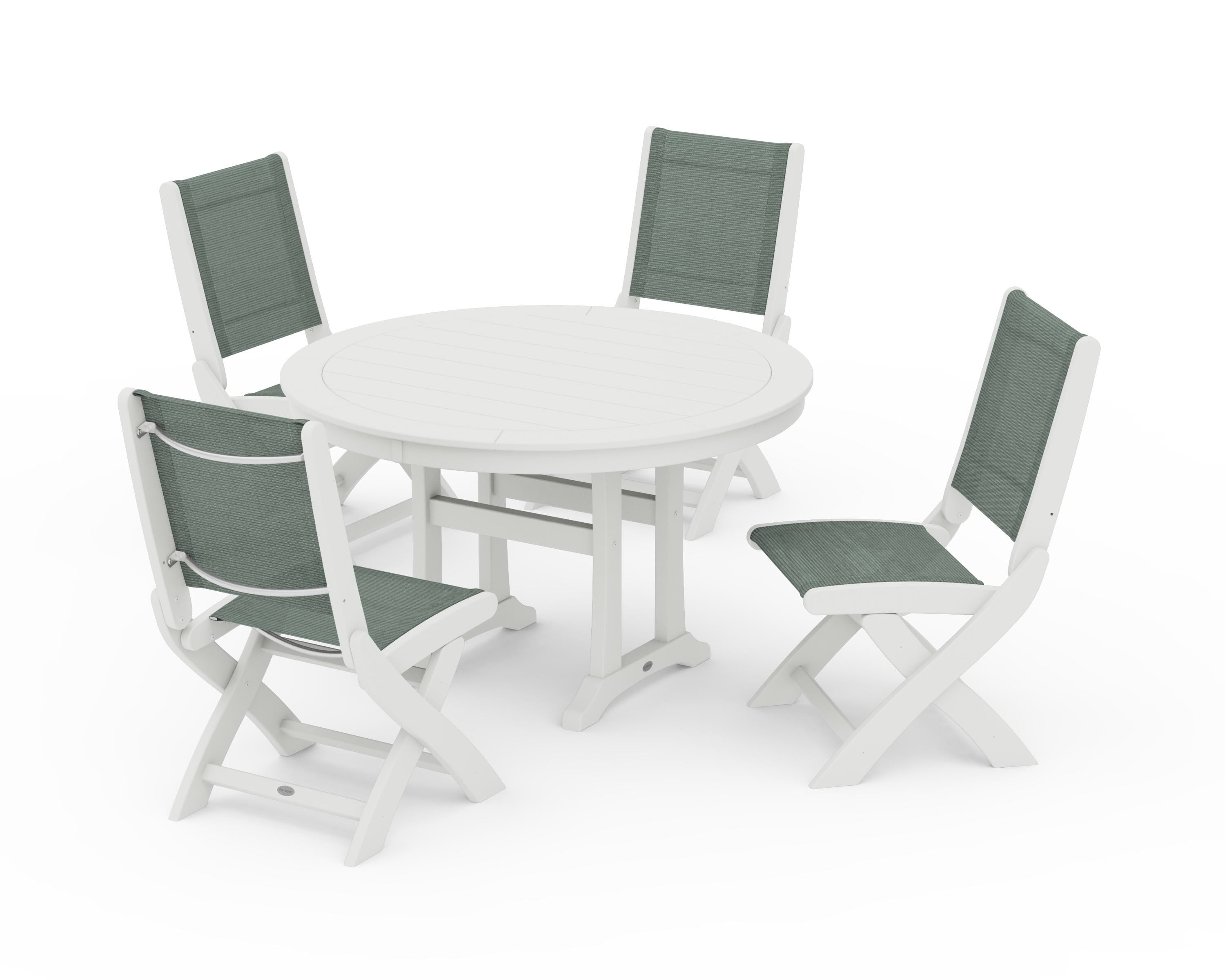 POLYWOOD Coastal Folding Side Chair 5-Piece Round Dining Set With Trestle Legs in Vintage White / Dupioni Sea Mist Sling