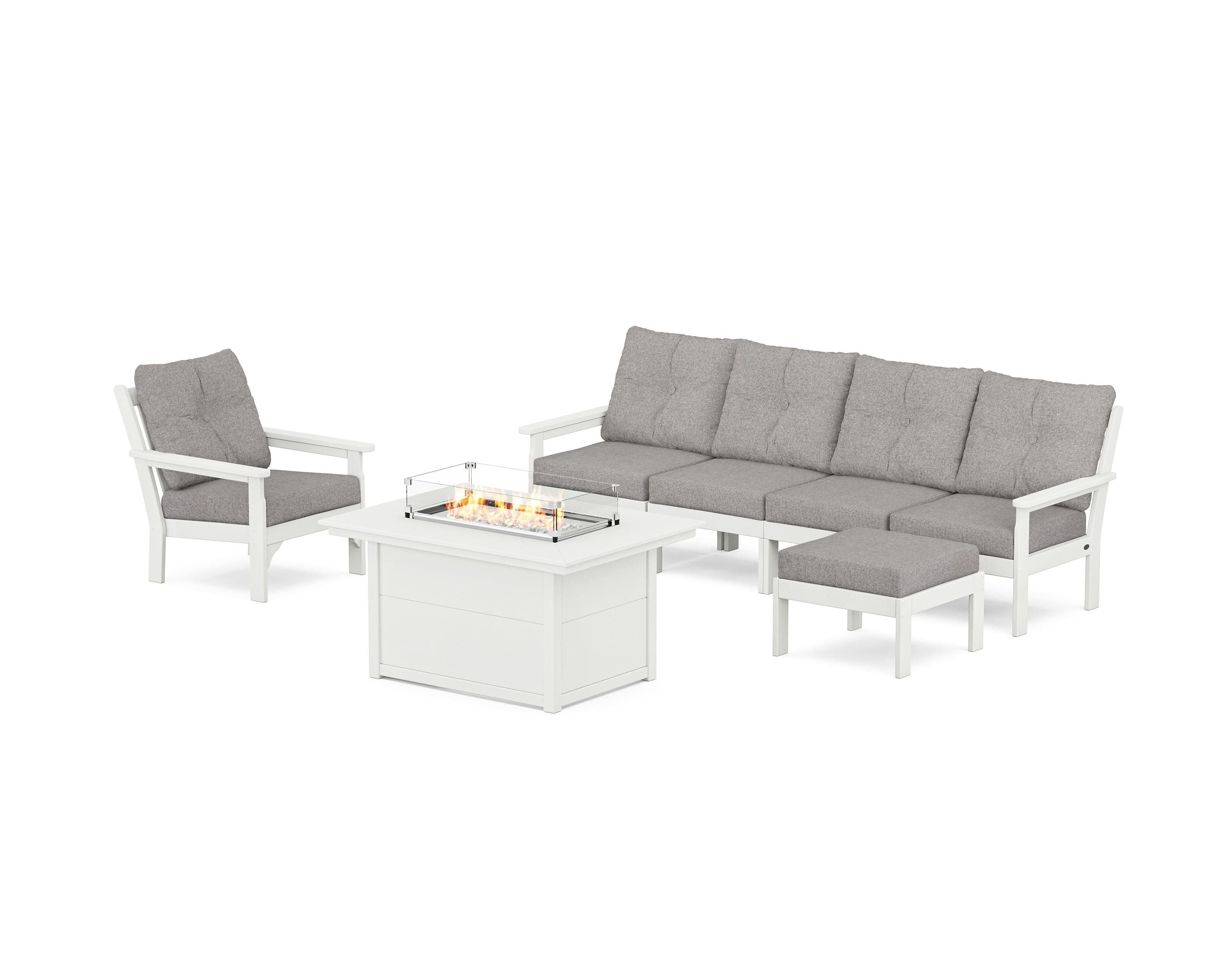 POLYWOOD Vineyard Sectional Lounge and Fire Pit Set in Vintage White / Grey Mist