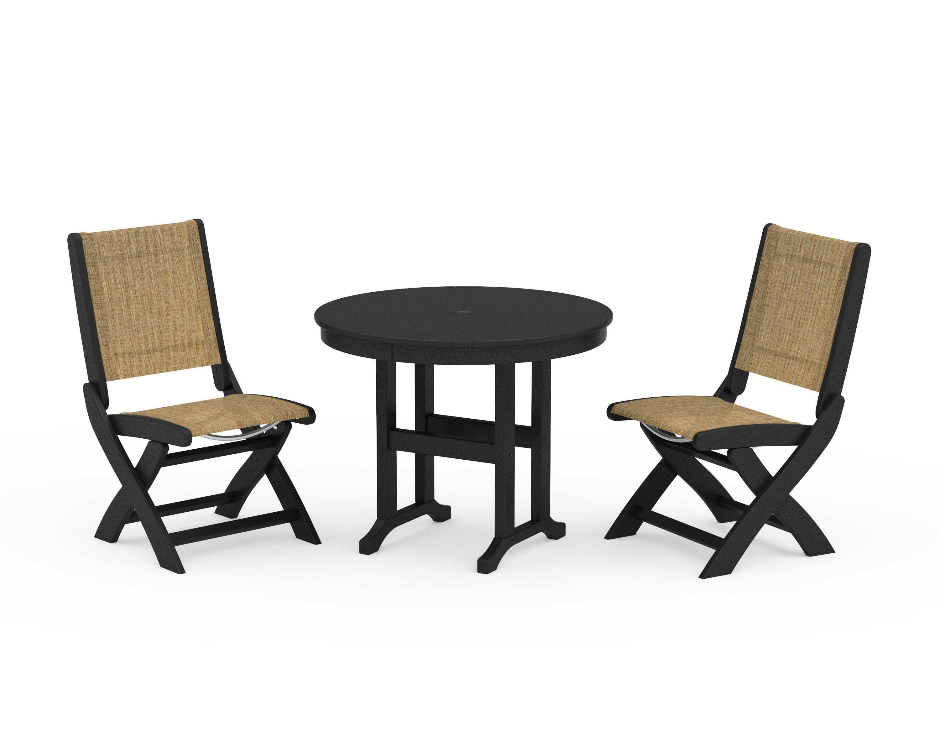 POLYWOOD Coastal Folding Side Chair 3-Piece Round Dining Set in Black / Burlap Sling