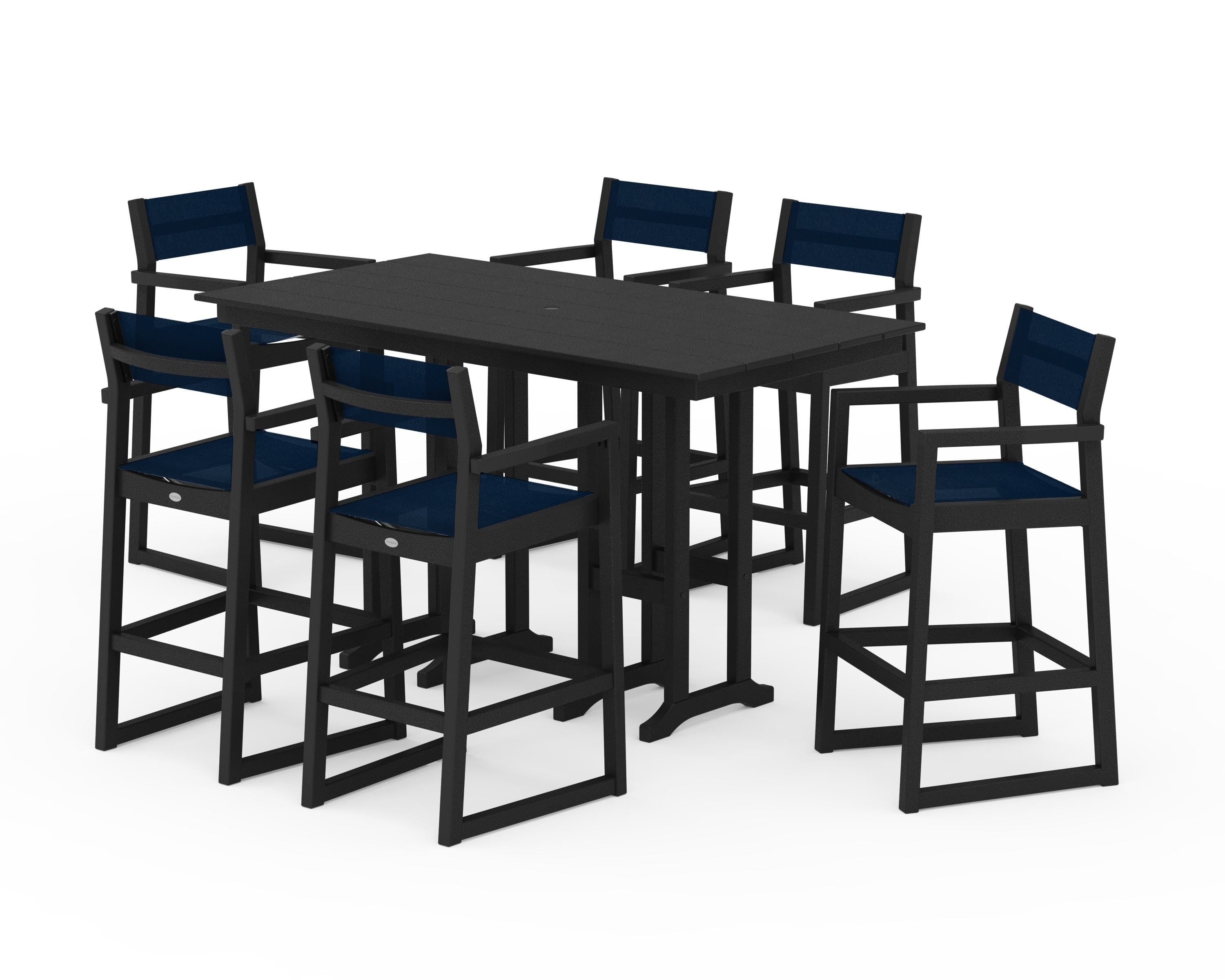 POLYWOOD EDGE Sling Arm Chair 7-Piece Farmhouse Bar Set in Black / Navy Blue Sling