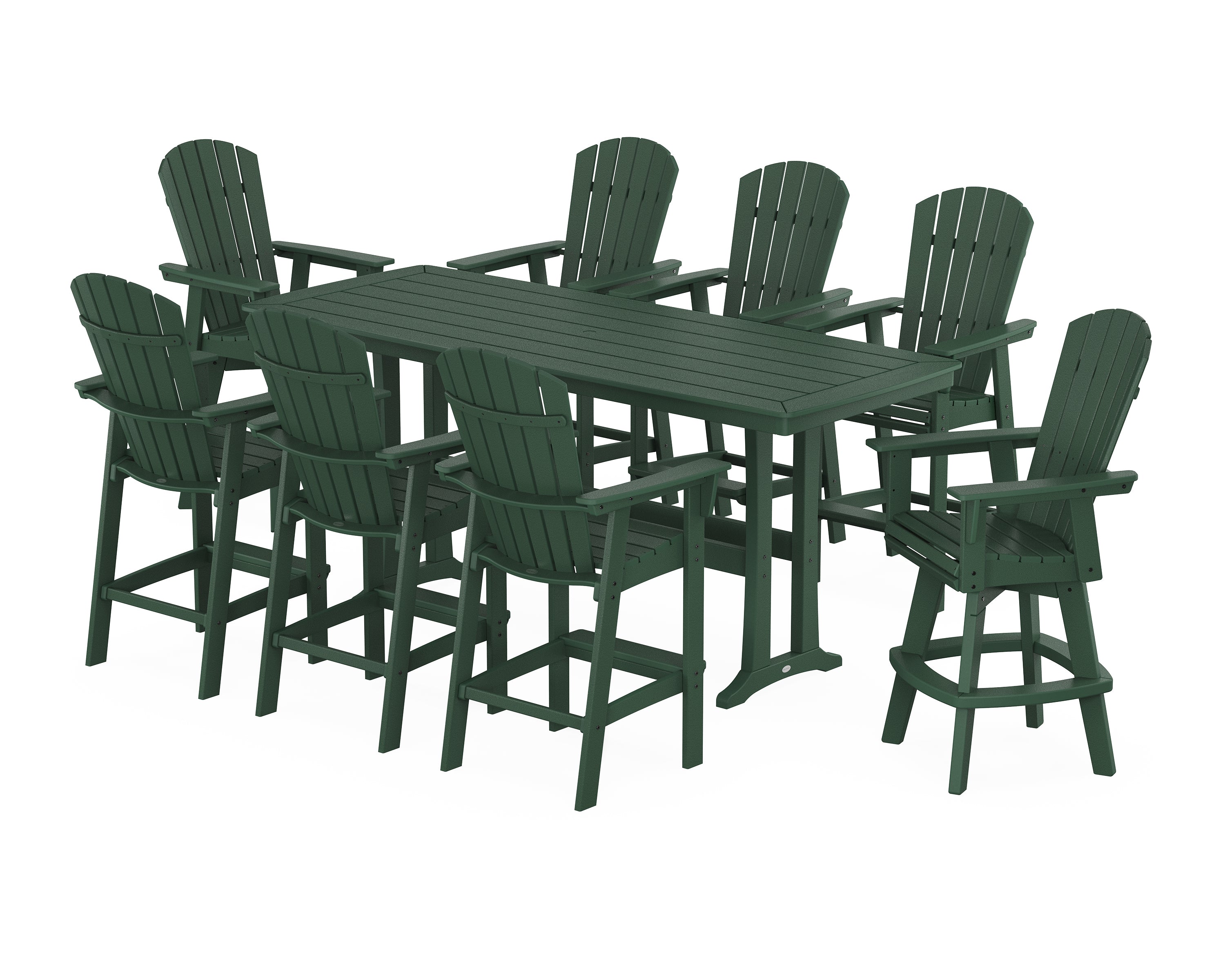 POLYWOOD® Nautical Curveback Adirondack Swivel 9-Piece Bar Set with Trestle Legs in Green