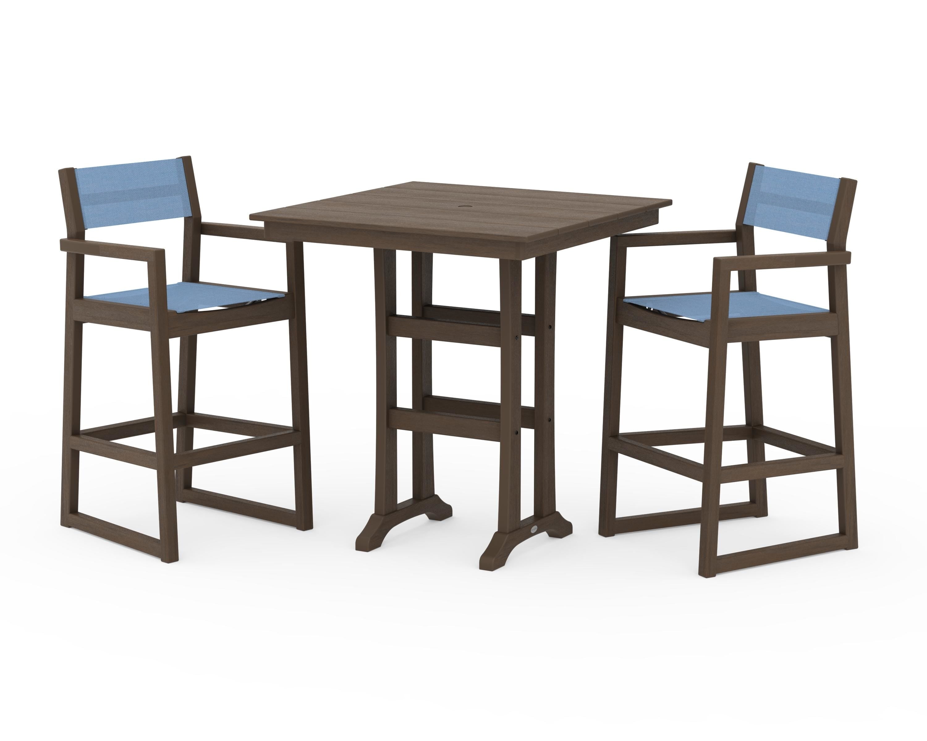 POLYWOOD EDGE Sling Arm Chair 3-Piece Farmhouse Bar Set with Trestle Legs in Kona / Poolside Sling