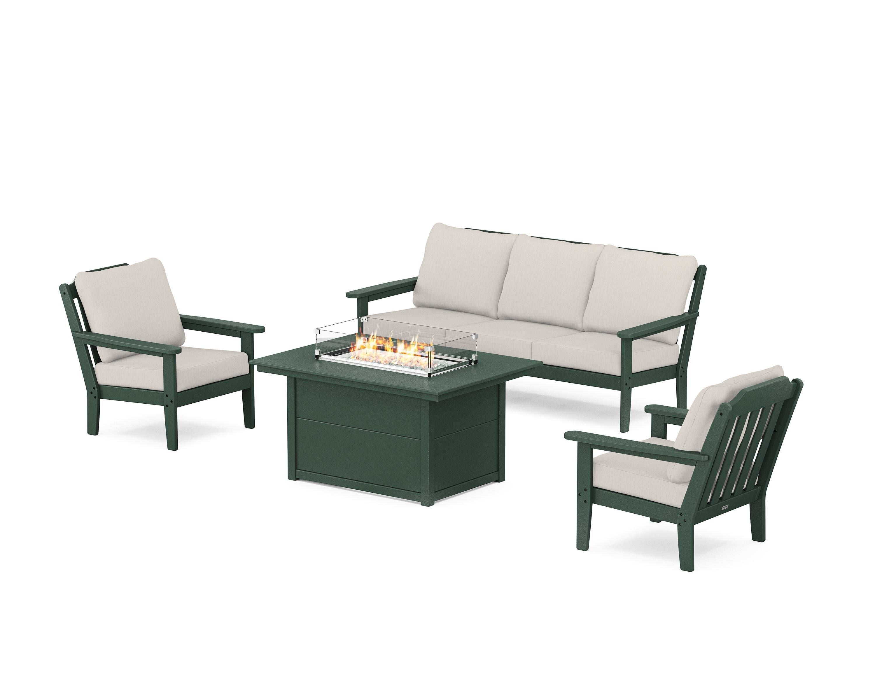 Country Living Cottage Deep Seating Fire Pit Table Set in Green / Cast Ash