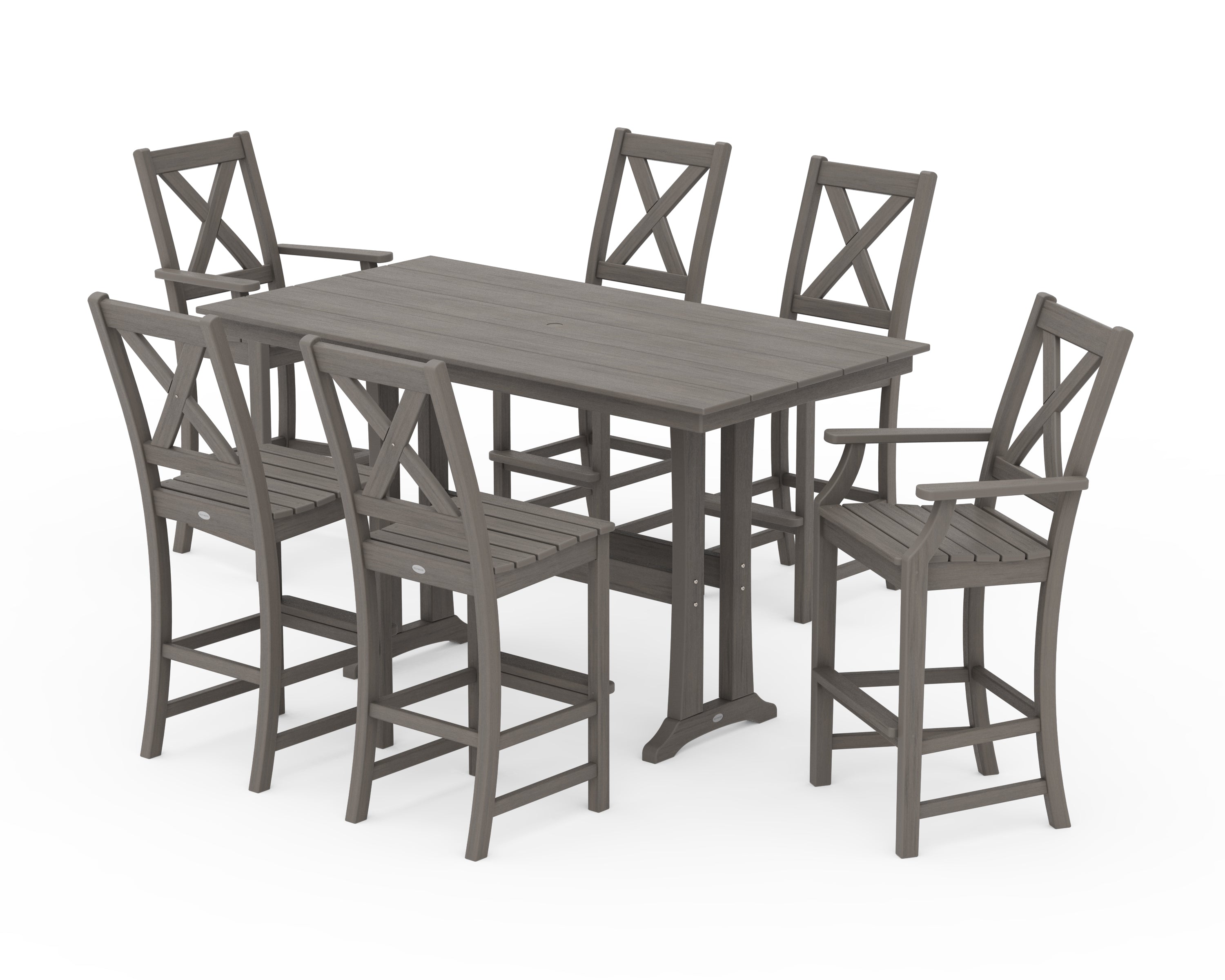 POLYWOOD Braxton 7-Piece Farmhouse Trestle Bar Set in Driftwood