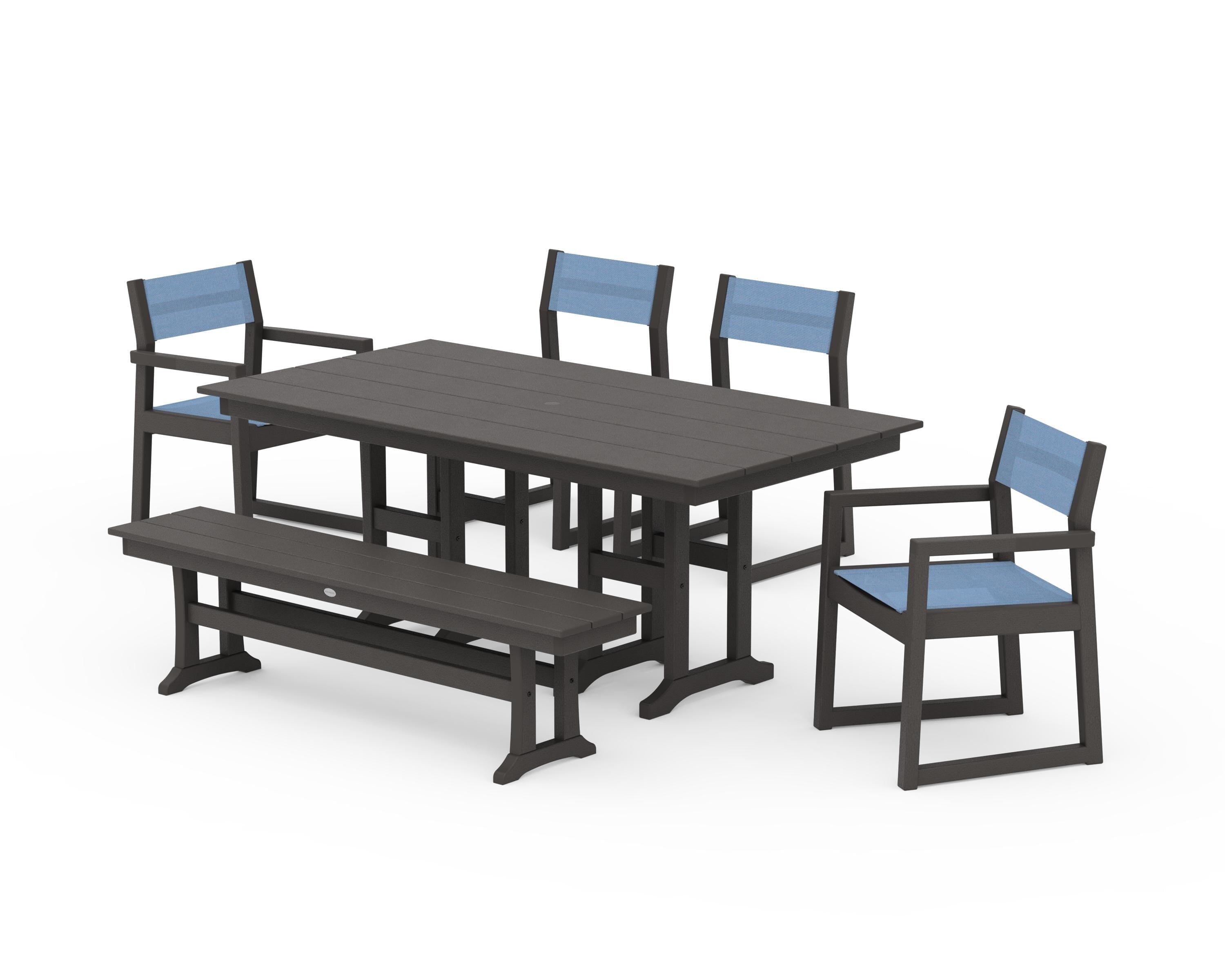 POLYWOOD EDGE Sling 6-Piece Farmhouse Dining Set in Vintage Coffee / Poolside Sling