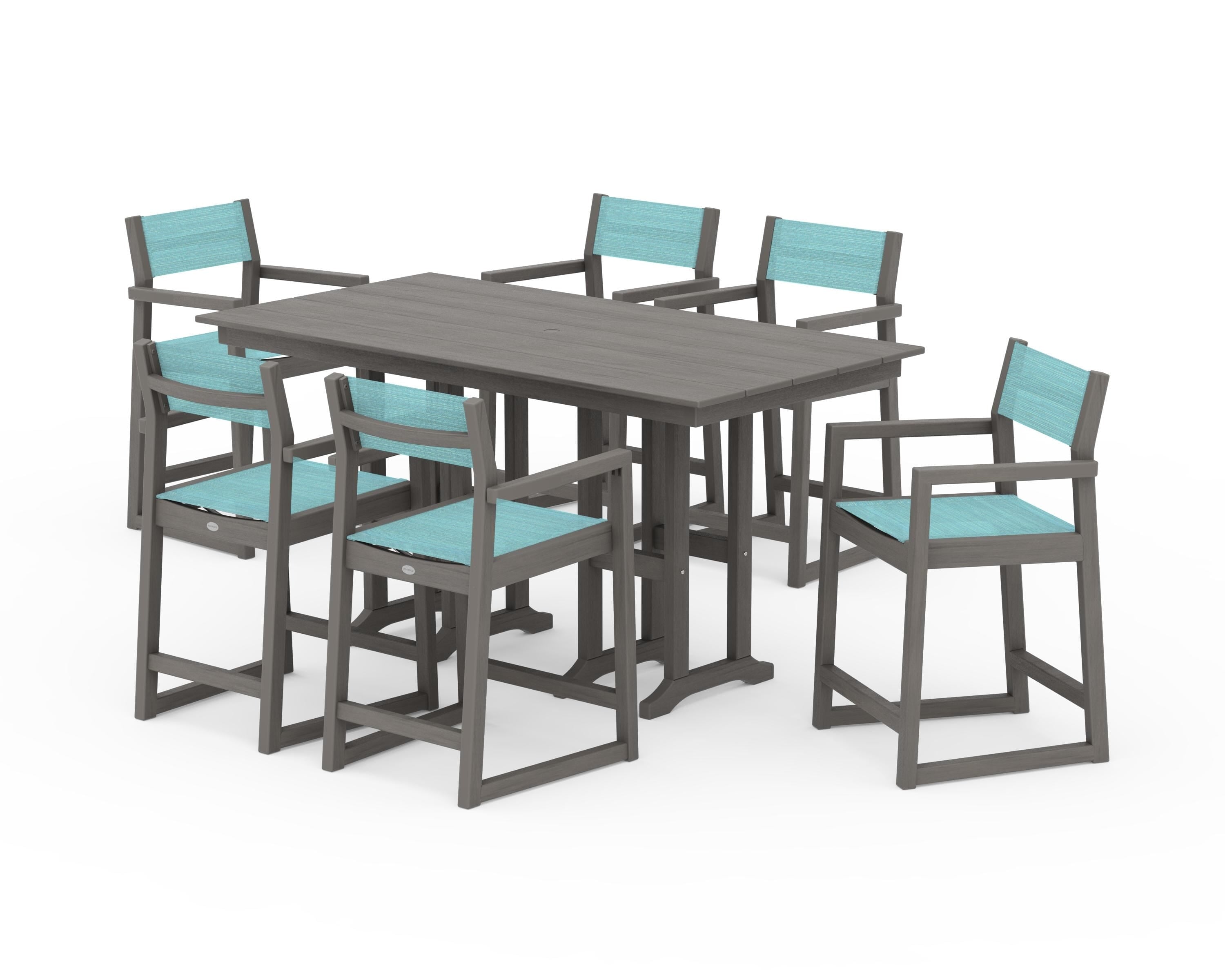 POLYWOOD EDGE Sling Arm Chair 7-Piece Farmhouse Counter Set in Driftwood / Dupioni Aquamarine Sling