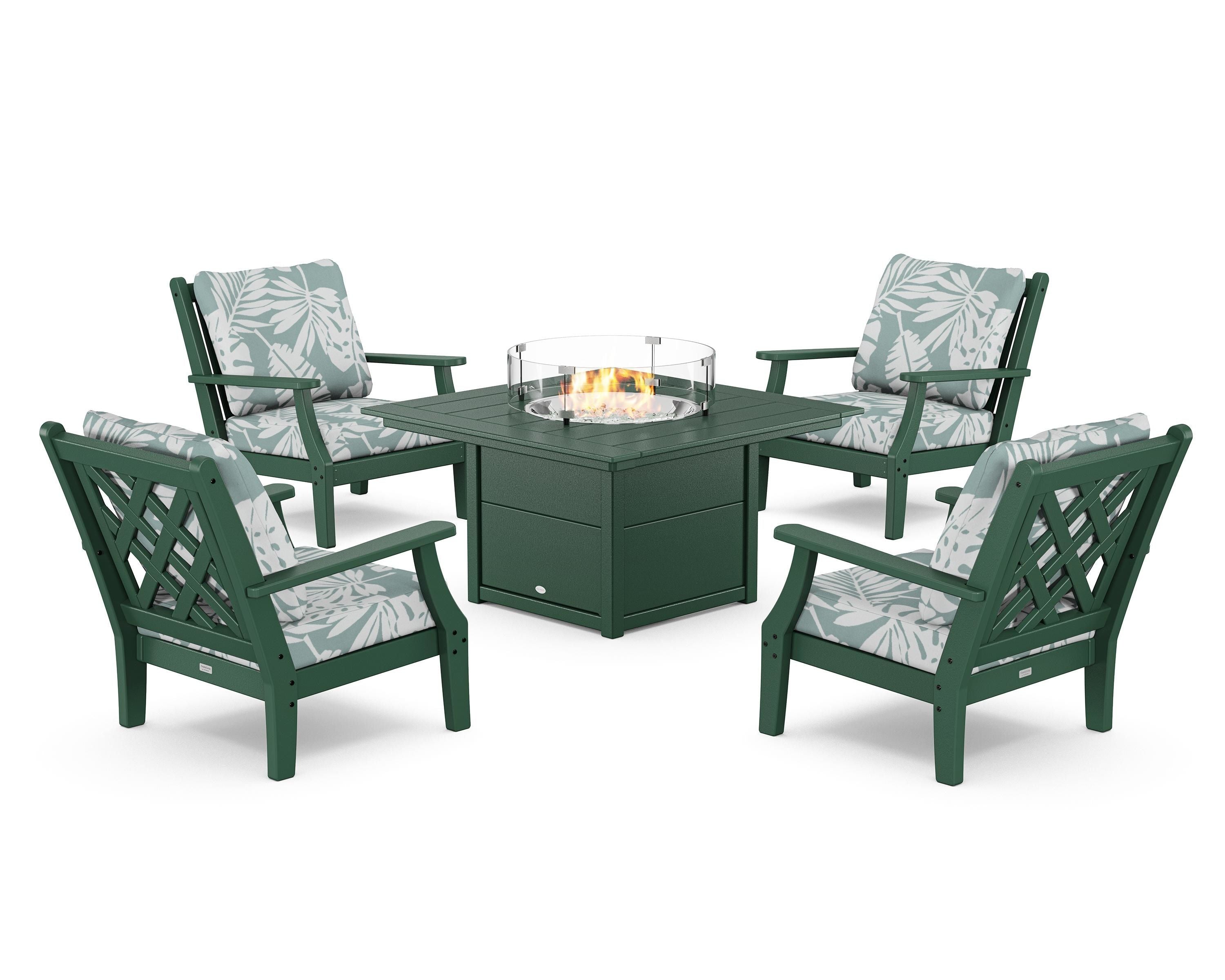 Country Living Wovendale 5-Piece Deep Seating Set with Fire Pit Table in Green / Leaf Glacier Spa