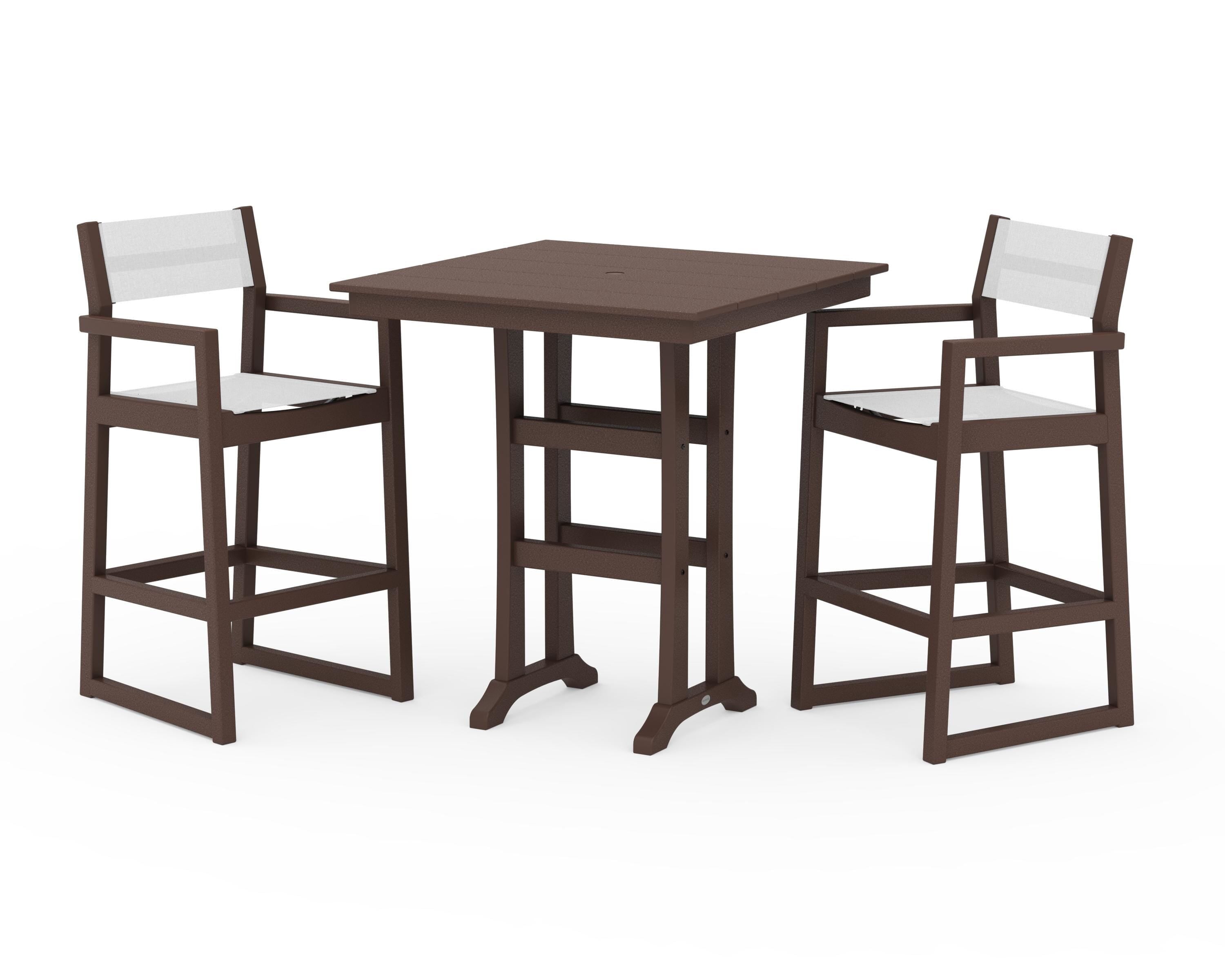 POLYWOOD EDGE Sling Arm Chair 3-Piece Farmhouse Bar Set with Trestle Legs in Mahogany / White Sling