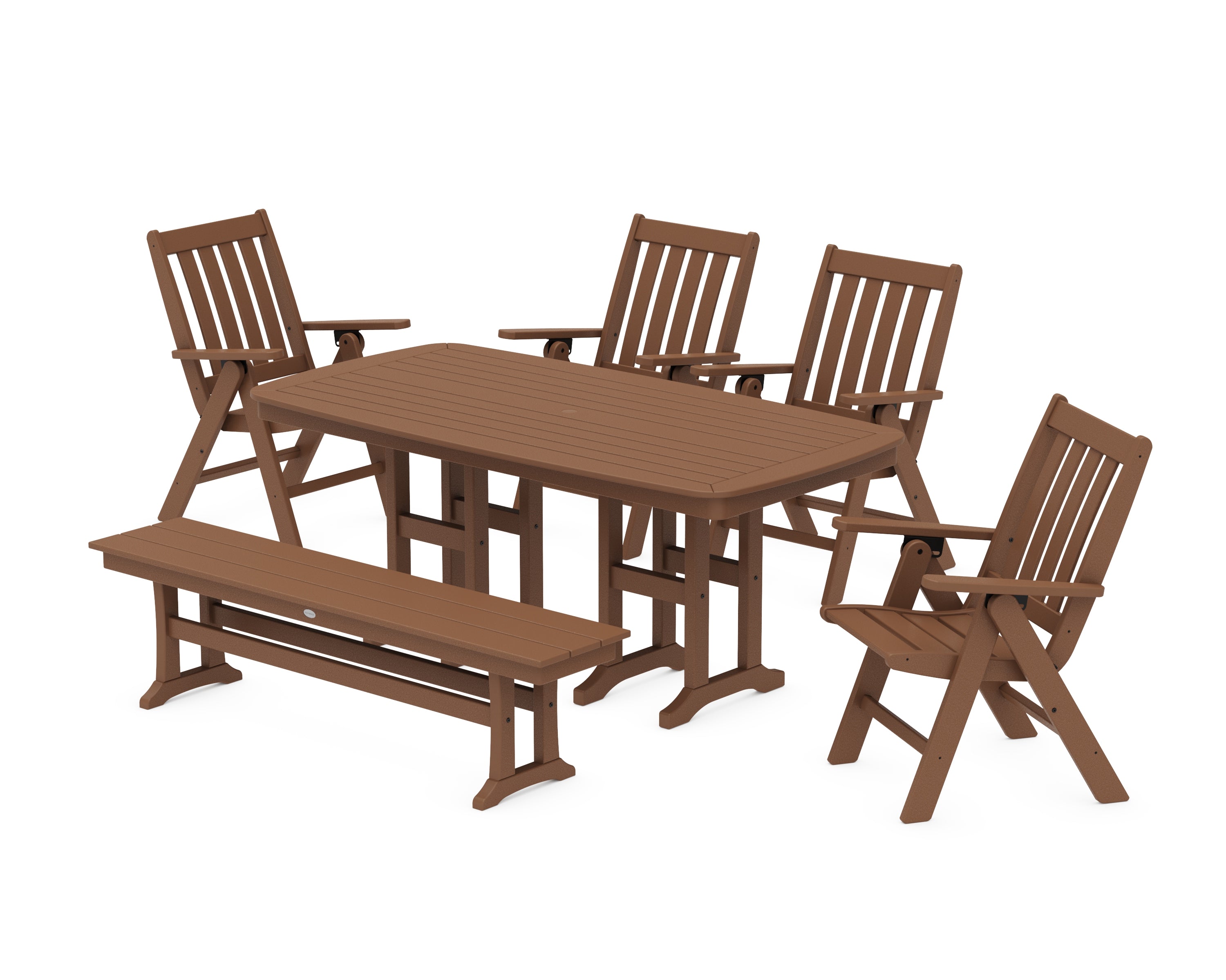 POLYWOOD Vineyard Folding Chair 6-Piece Dining Set with Bench in Teak