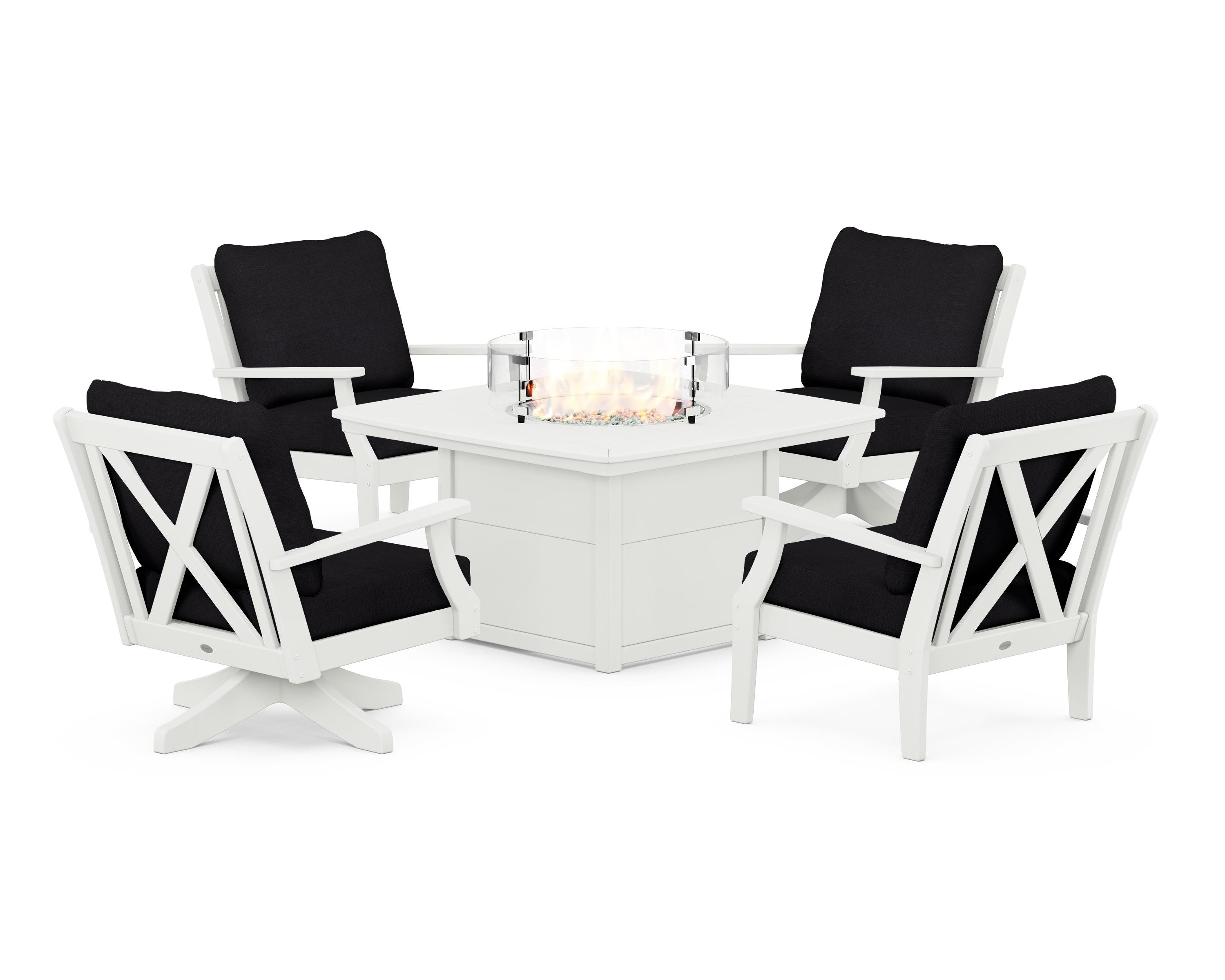 POLYWOOD Braxton 5-Piece Deep Seating Set with Fire Table in Vintage White / Midnight Linen