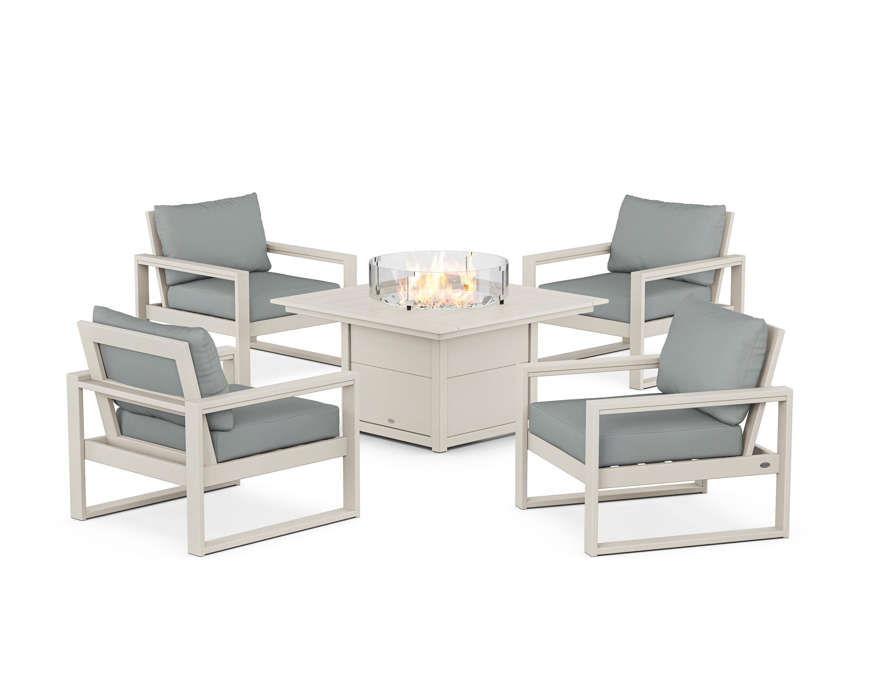 POLYWOOD EDGE Sectional 5-Piece Deep Seating Set with Fire Pit Table in Sand / Spa