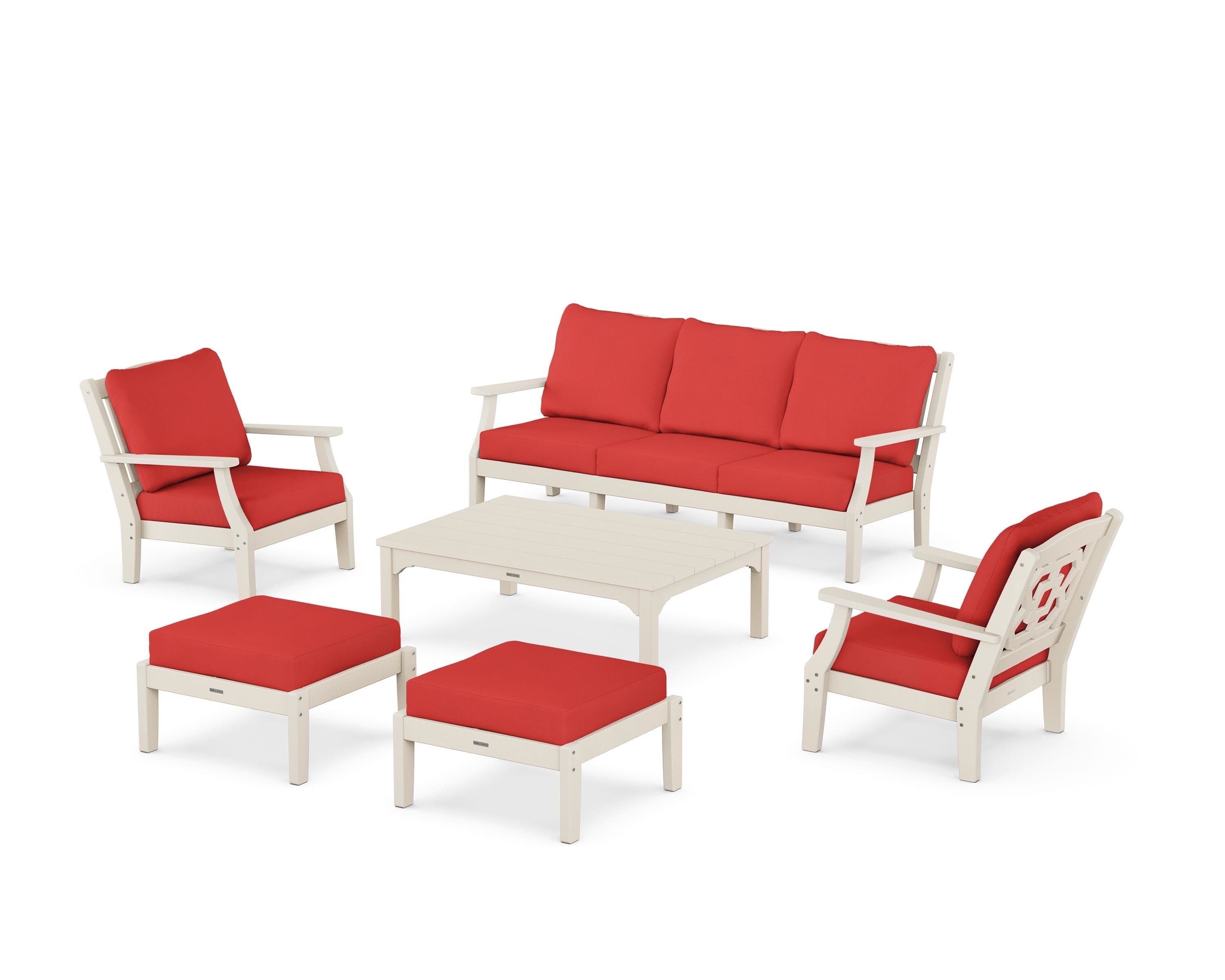 Martha Stewart by POLYWOOD Chinoiserie 6-Piece Lounge Sofa Set in Sand / Crimson Linen