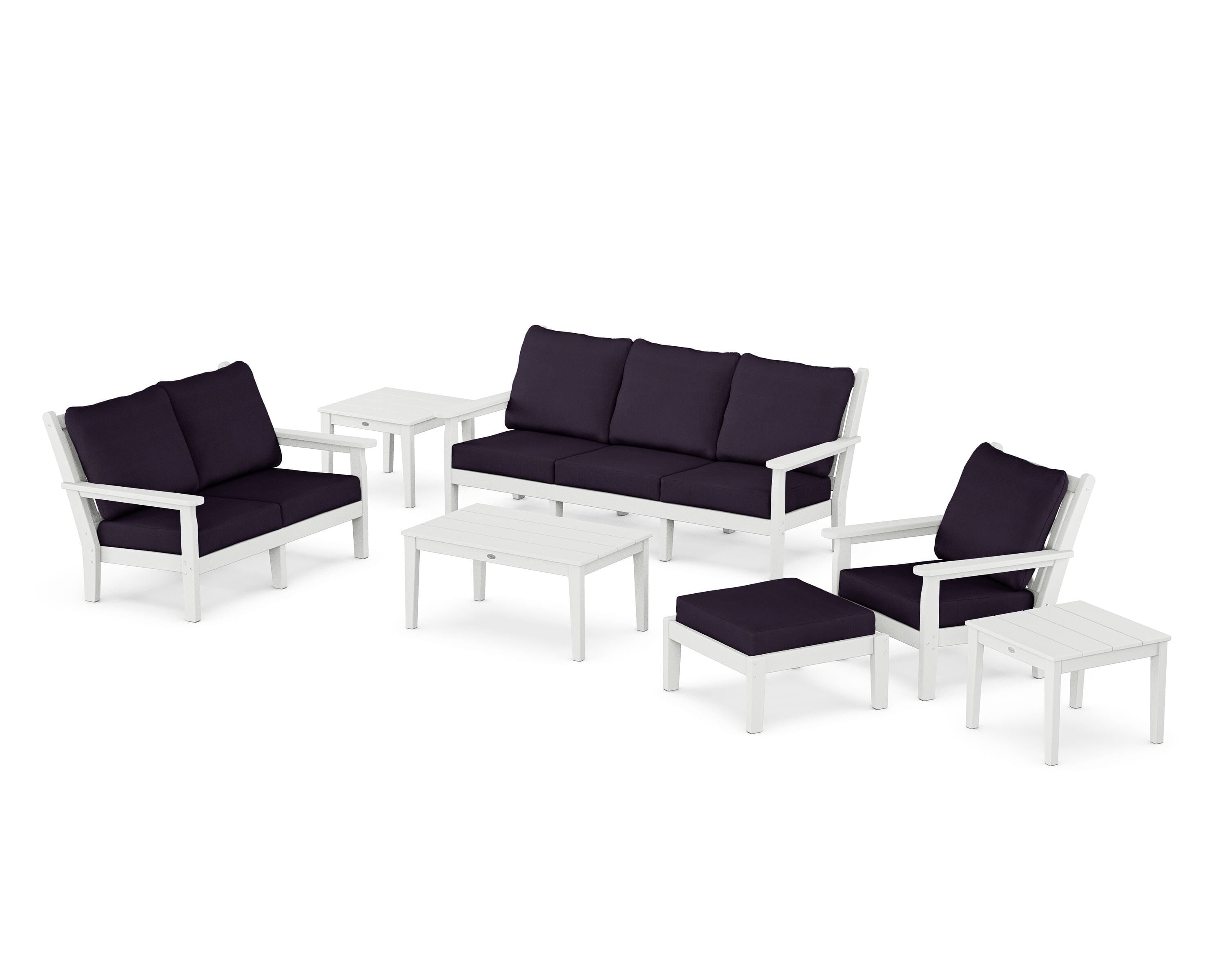 POLYWOOD Chippendale 7-Piece Deep Seating Set in White / Navy Linen
