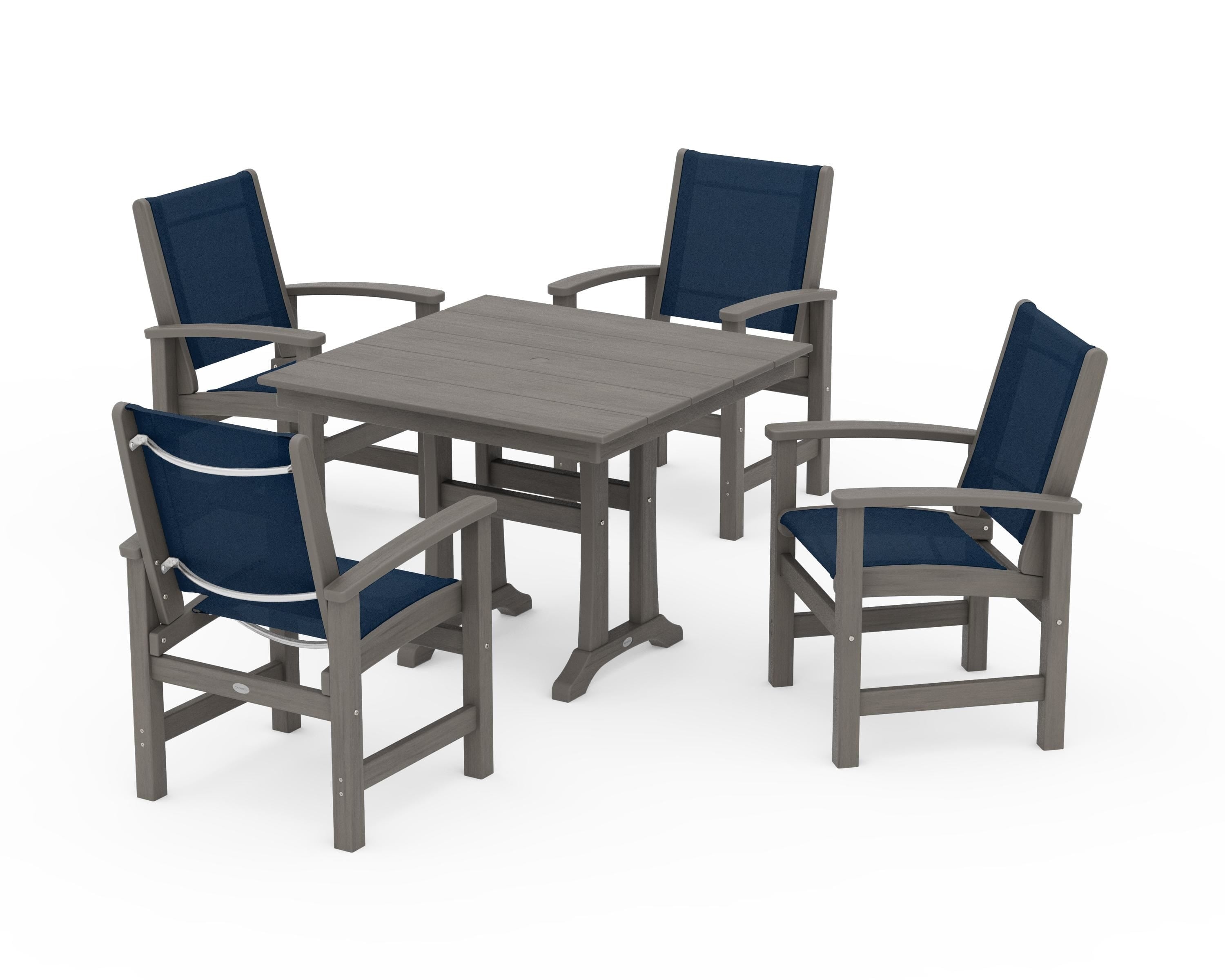 POLYWOOD Coastal 5-Piece Farmhouse Dining Set With Trestle Legs in Driftwood / Navy Blue Sling