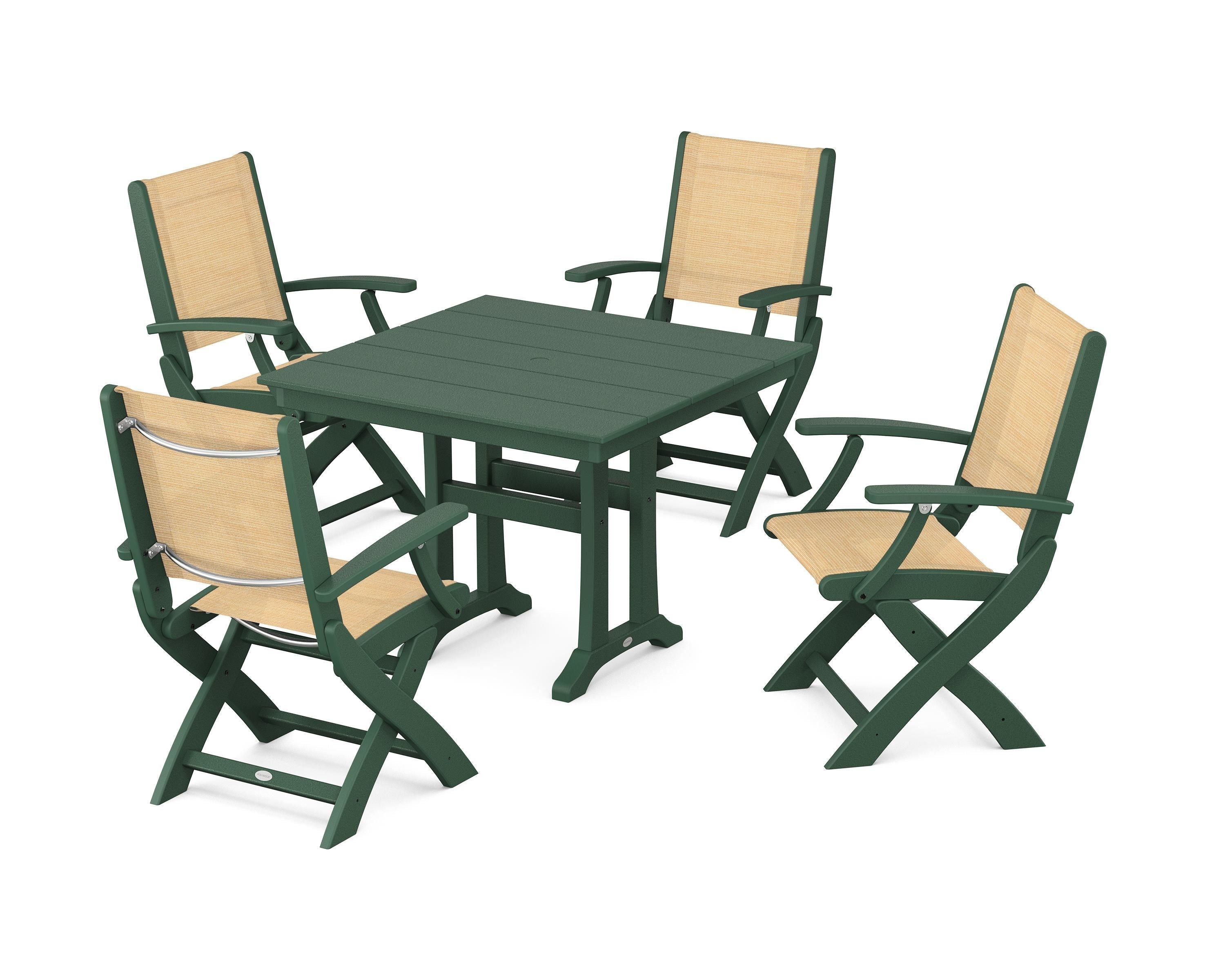 POLYWOOD Coastal Folding Chair 5-Piece Farmhouse Dining Set With Trestle Legs in Green / Dupioni Apricot Sling