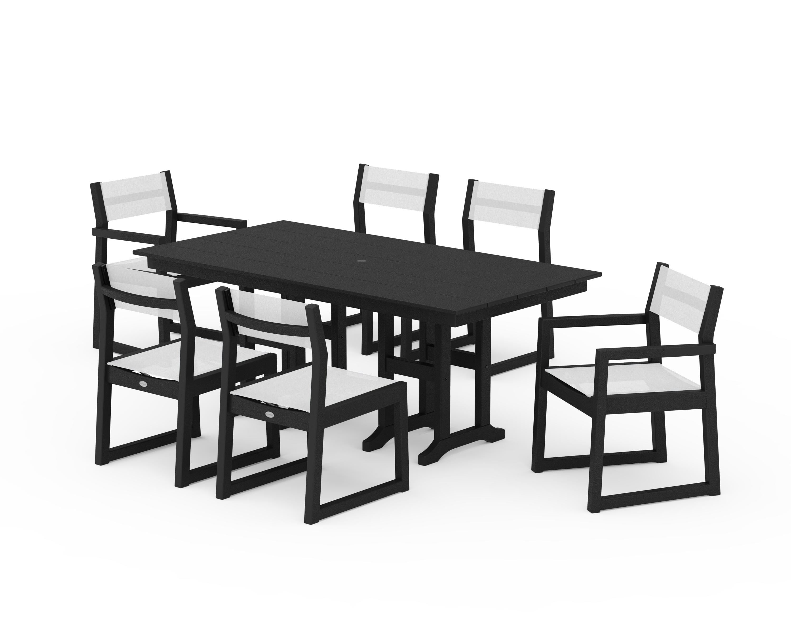 POLYWOOD EDGE Sling 7-Piece Farmhouse Dining Set in Black / White Sling