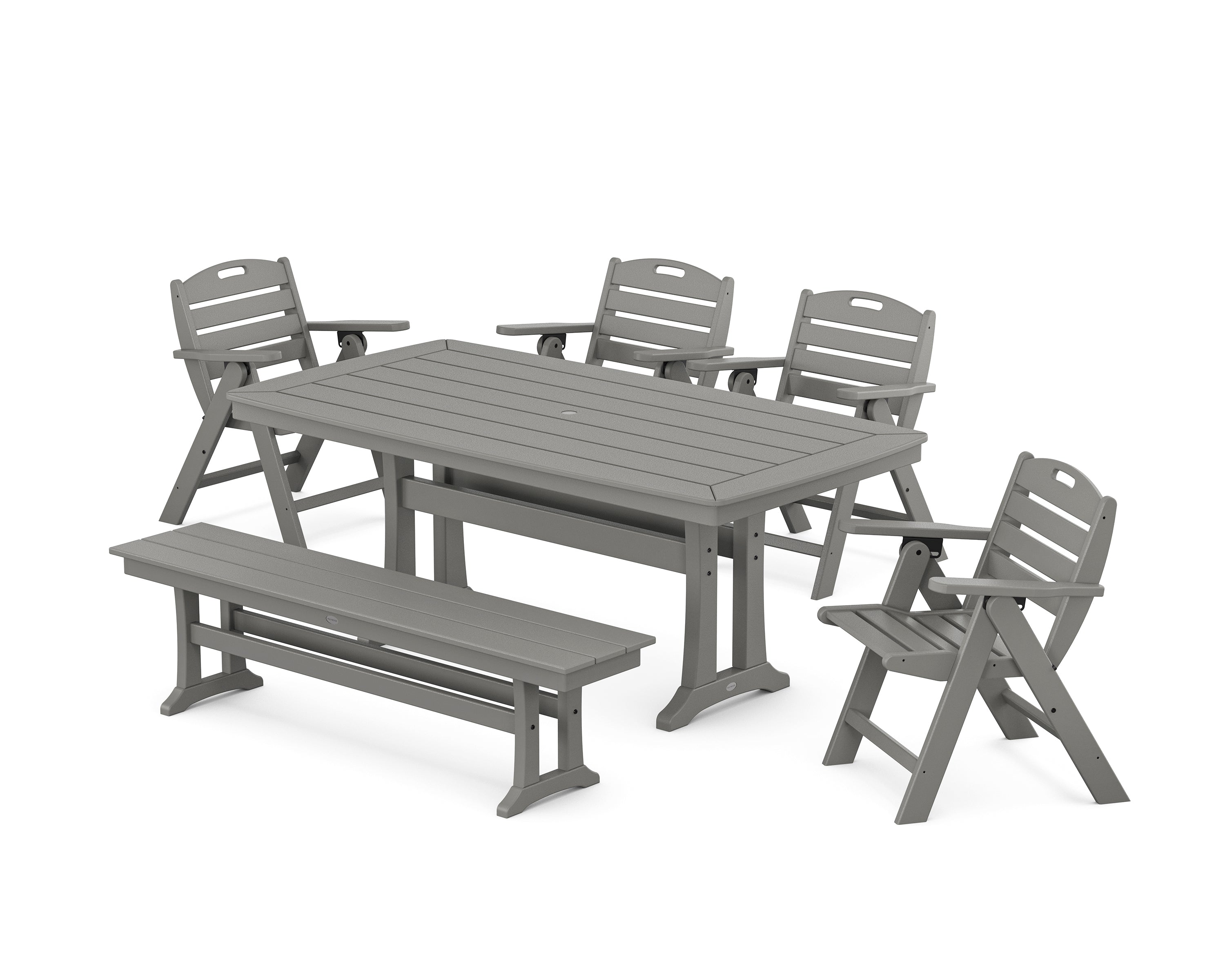 POLYWOOD Nautical Lowback 6-Piece Dining Set with Trestle Legs and Bench in Slate Grey