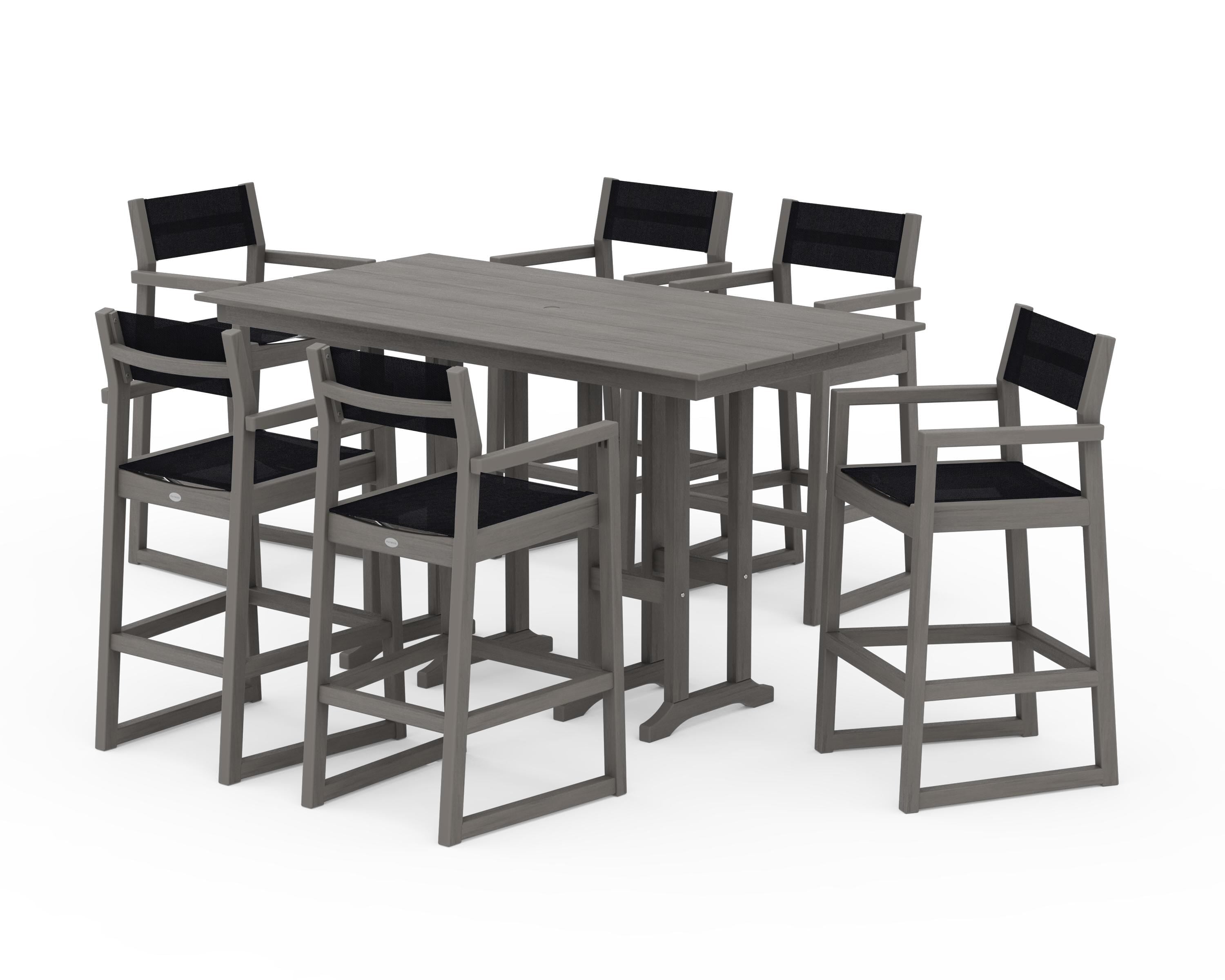 POLYWOOD EDGE Sling Arm Chair 7-Piece Farmhouse Bar Set in Driftwood / Black Sling