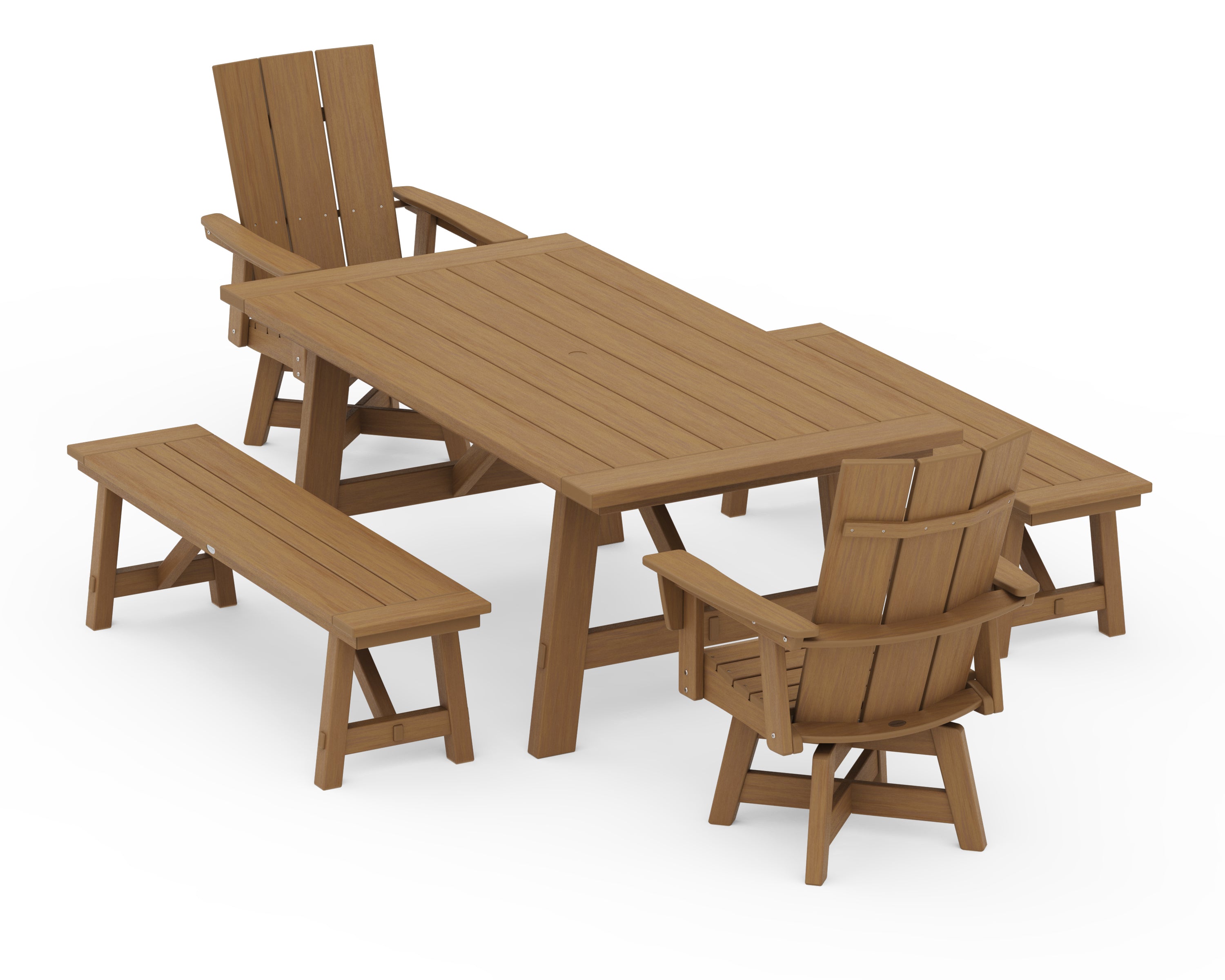 POLYWOOD Modern Curveback Adirondack Swivel Chair 5-Piece Rustic Farmhouse Dining Set With Benches in Natural
