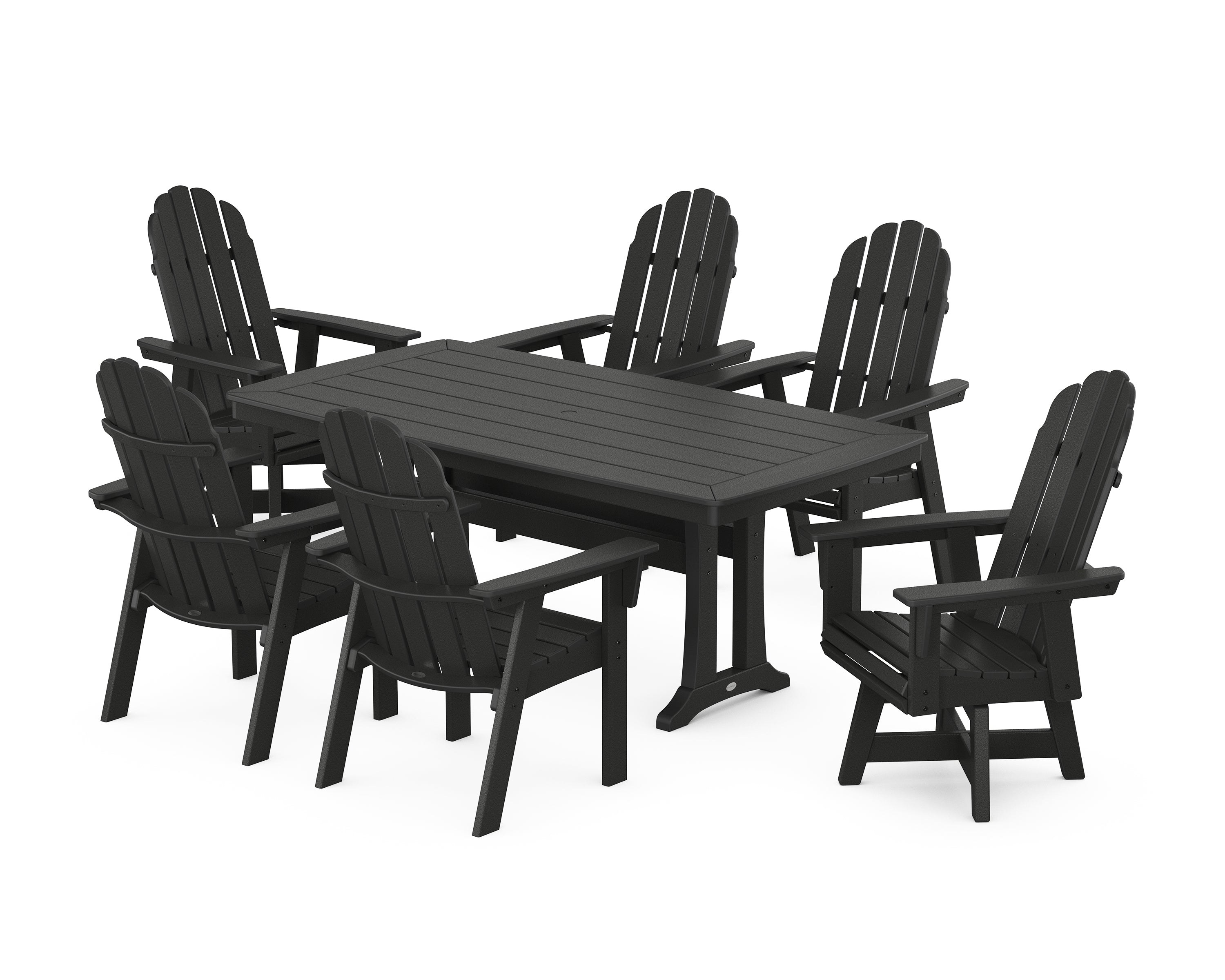 POLYWOOD Vineyard Curveback Adirondack Swivel Chair 7-Piece Dining Set with Trestle Legs in Black