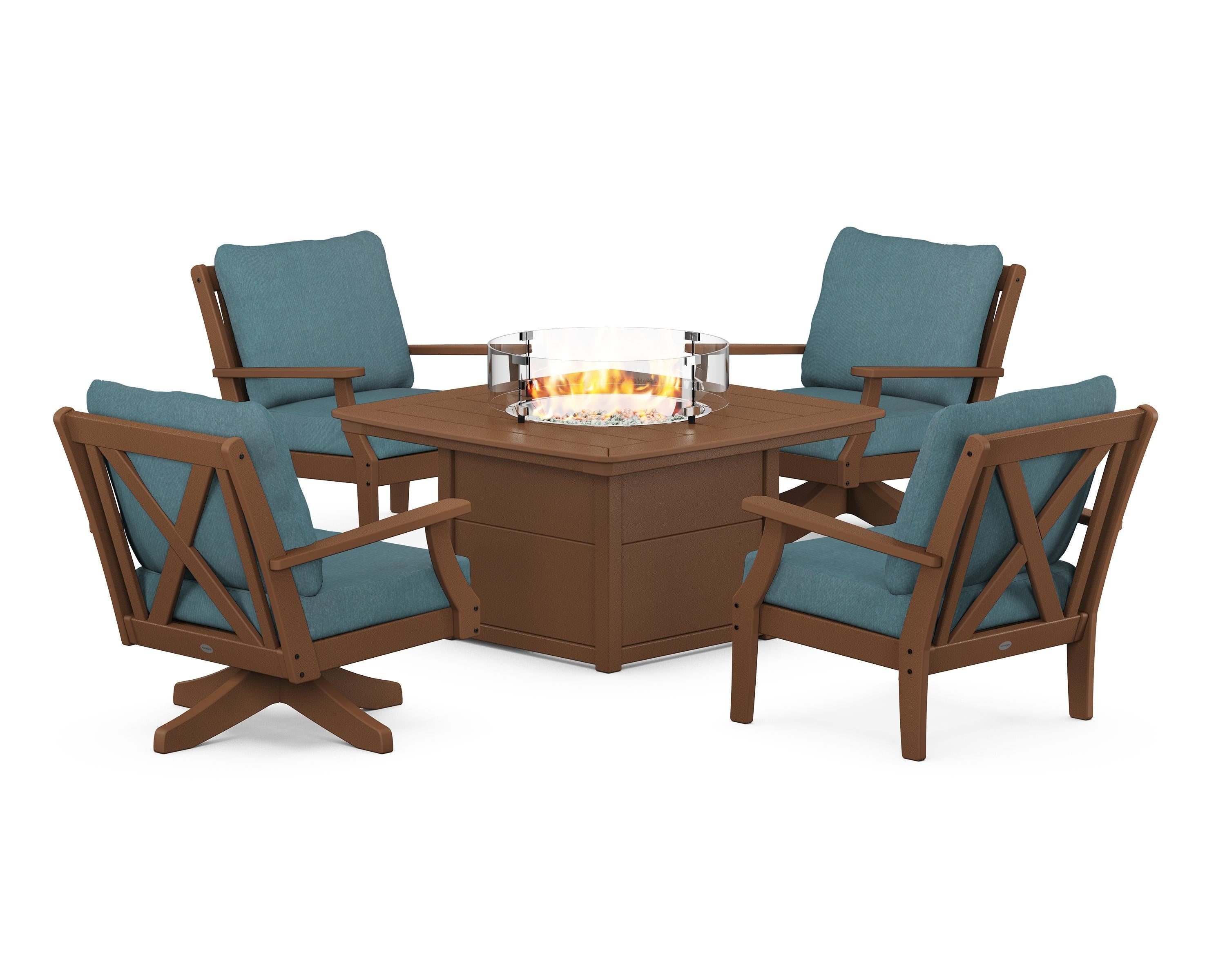 POLYWOOD Braxton 5-Piece Deep Seating Set with Fire Table in Teak / Ocean Teal