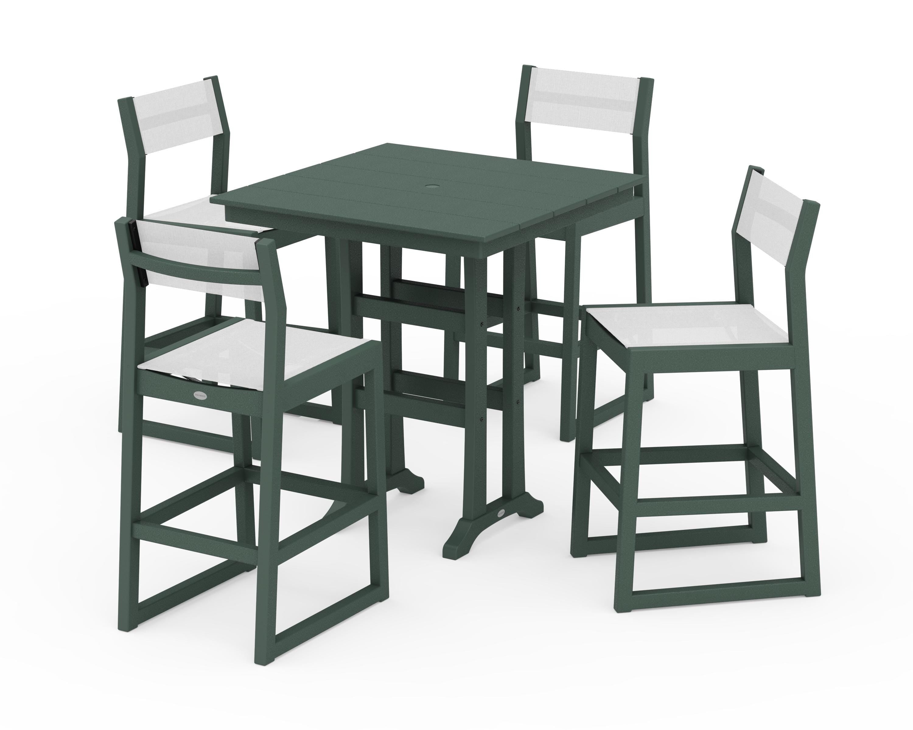 POLYWOOD EDGE Sling Arm Chair 5-Piece Farmhouse Bar Set with Trestle Legs in Green / White Sling