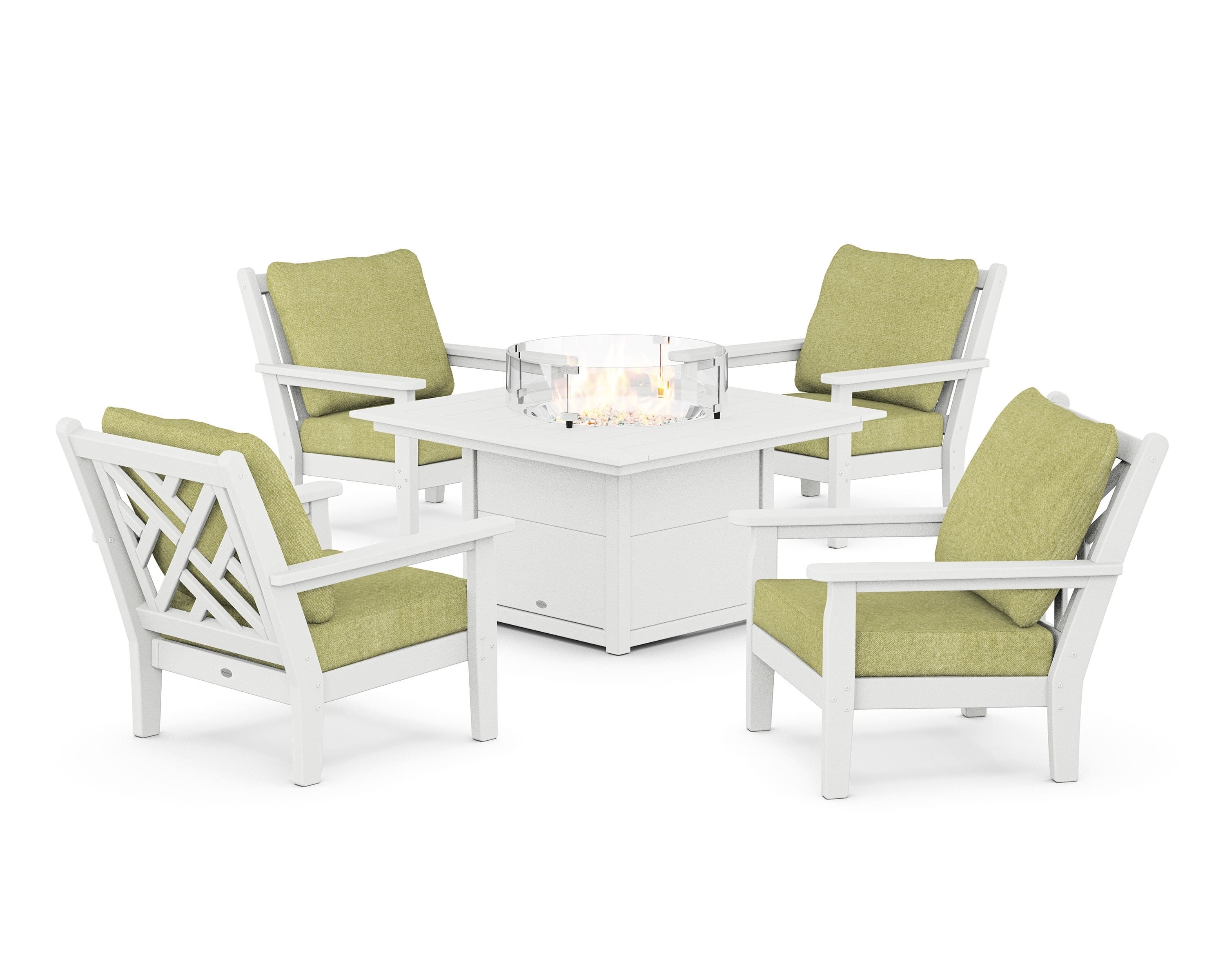 POLYWOOD Chippendale 5-Piece Deep Seating Set with Fire Pit Table in White / Chartreuse Boucle
