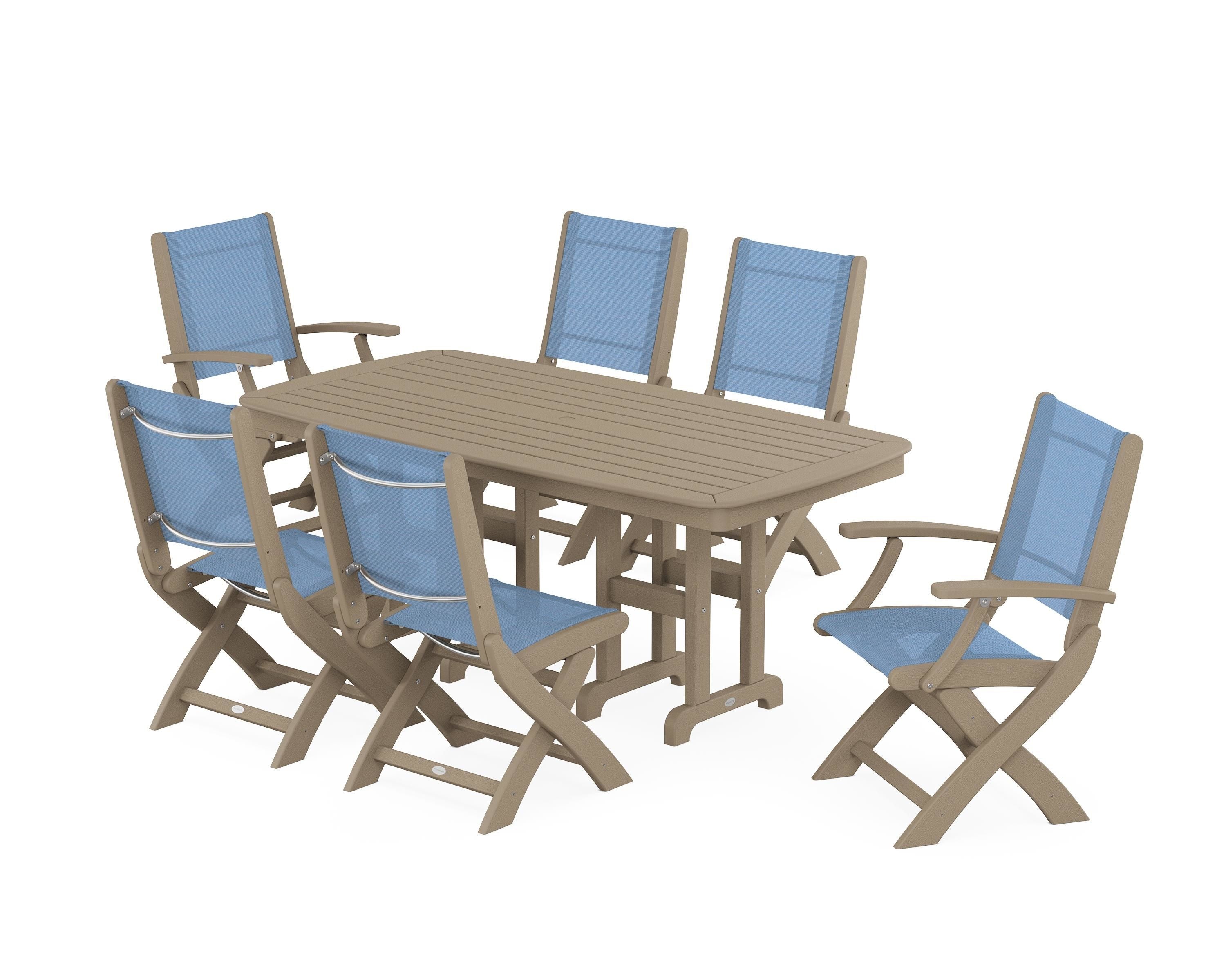 POLYWOOD Coastal Folding Chair 7-Piece Dining Set in Vintage Sahara / Poolside Sling