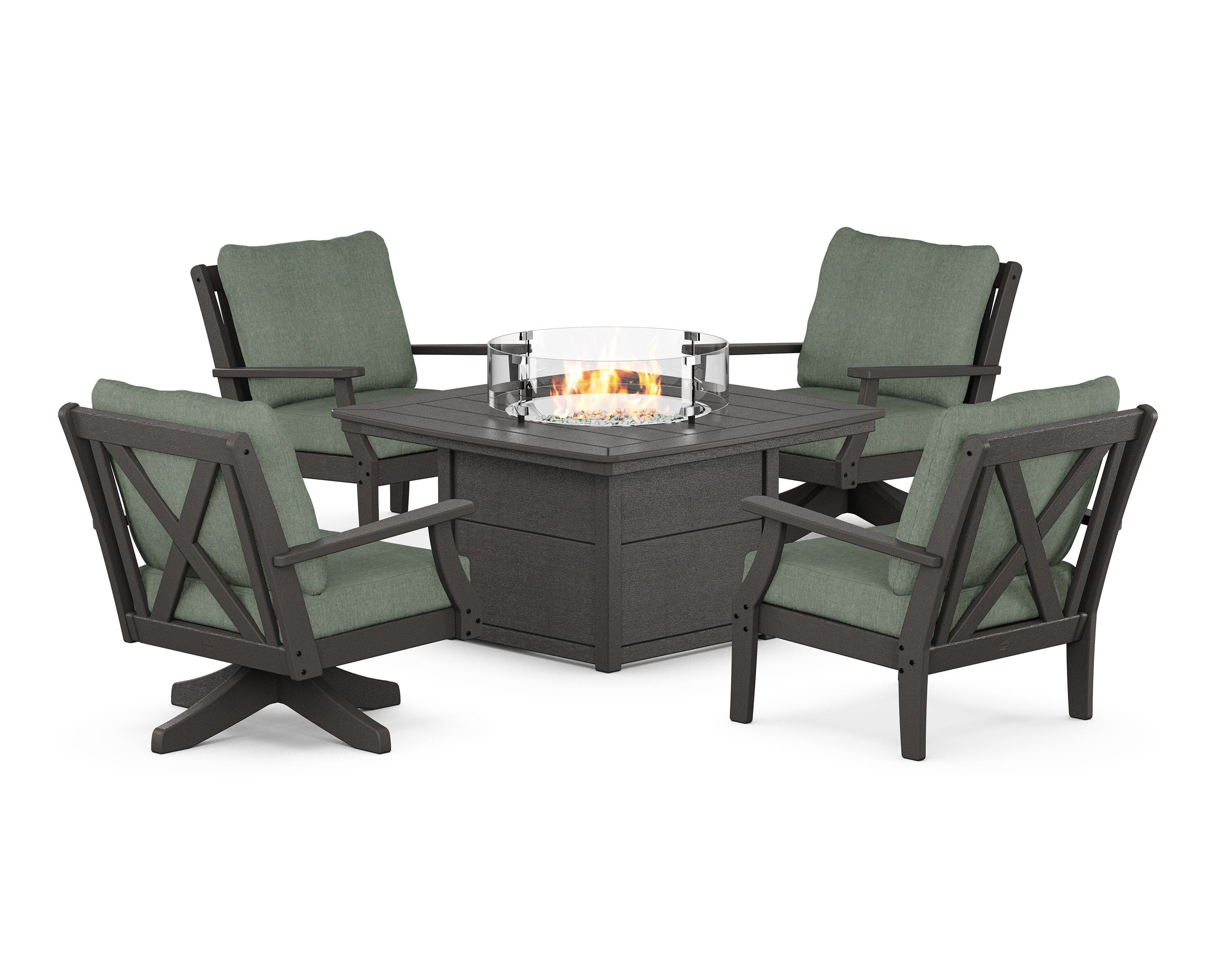 POLYWOOD Braxton 5-Piece Deep Seating Set with Fire Table in Vintage Coffee / Cast Sage