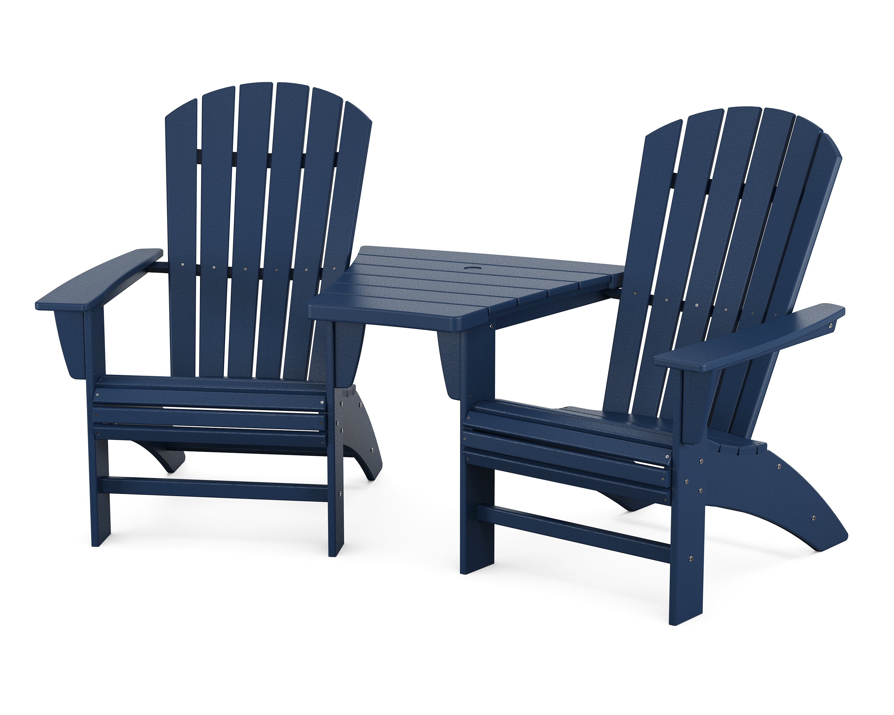 POLYWOOD Nautical 3-Piece Curveback Adirondack Set with Angled Connecting Table in Navy